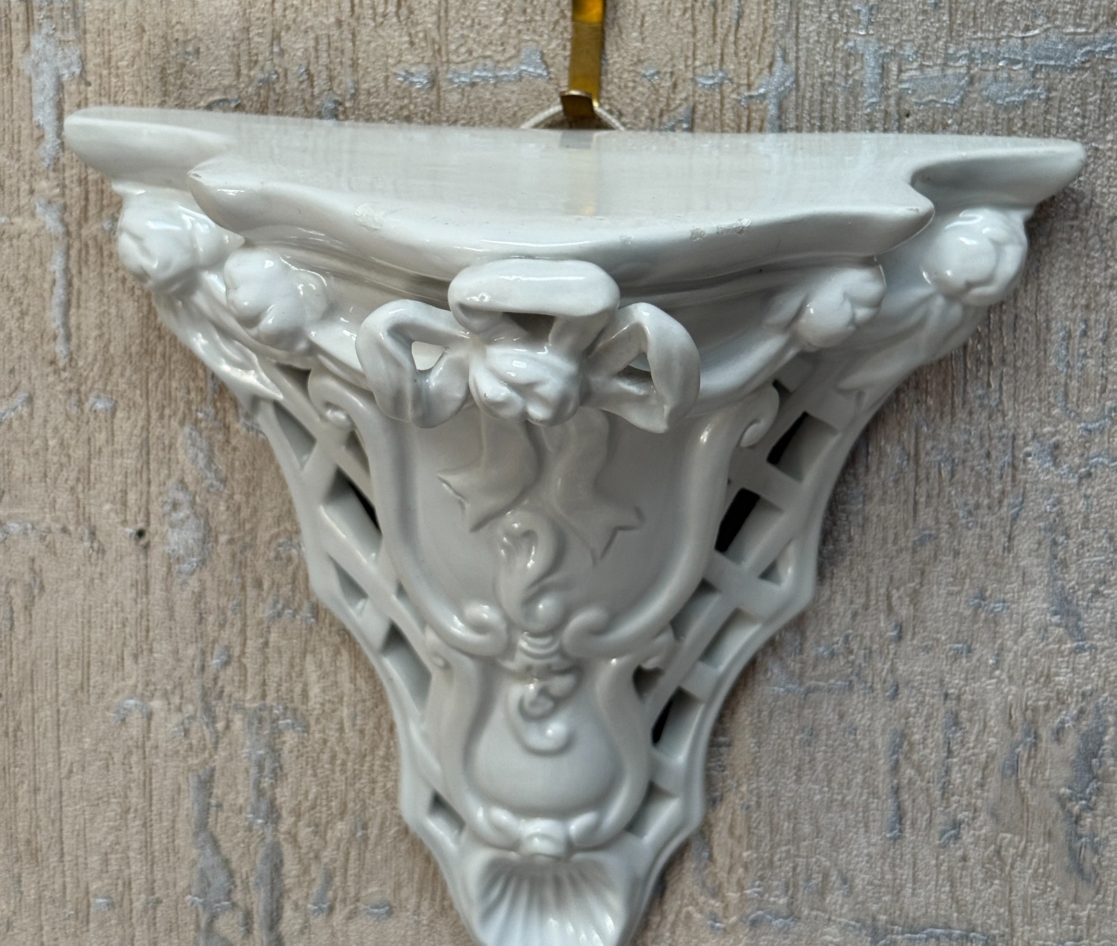 Vtg Italian Ceramic Wall Sconce Reticulated Rococo Style Bow Rose Design