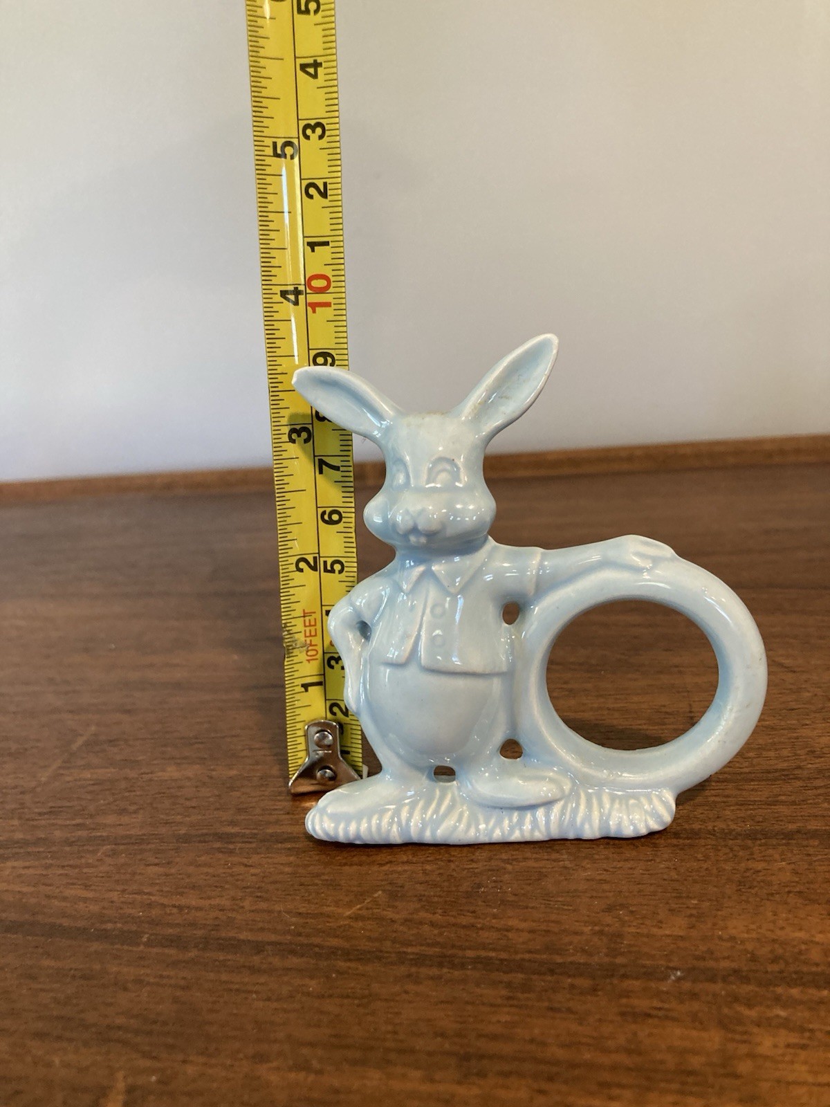 Vintage Art Pottery Rabbit Blue Bunny Ceramic Figurine Napkin Ring Spring Easter