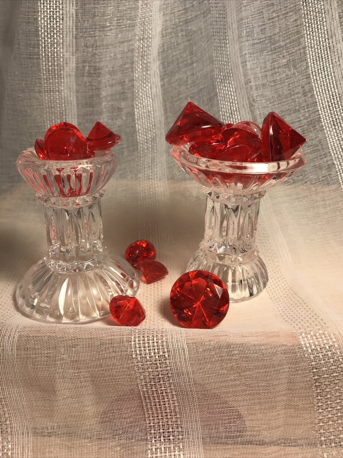 Clear Glass Pair of Candle Stick Holders Decorative Collectible Matching Ridges
