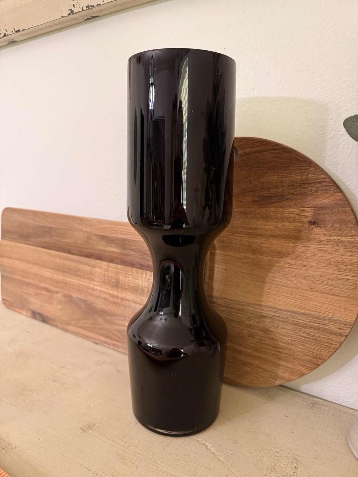 Vintage Black Glass Vase 14 Inch Hooped Mid Century Modernist Italian Decor