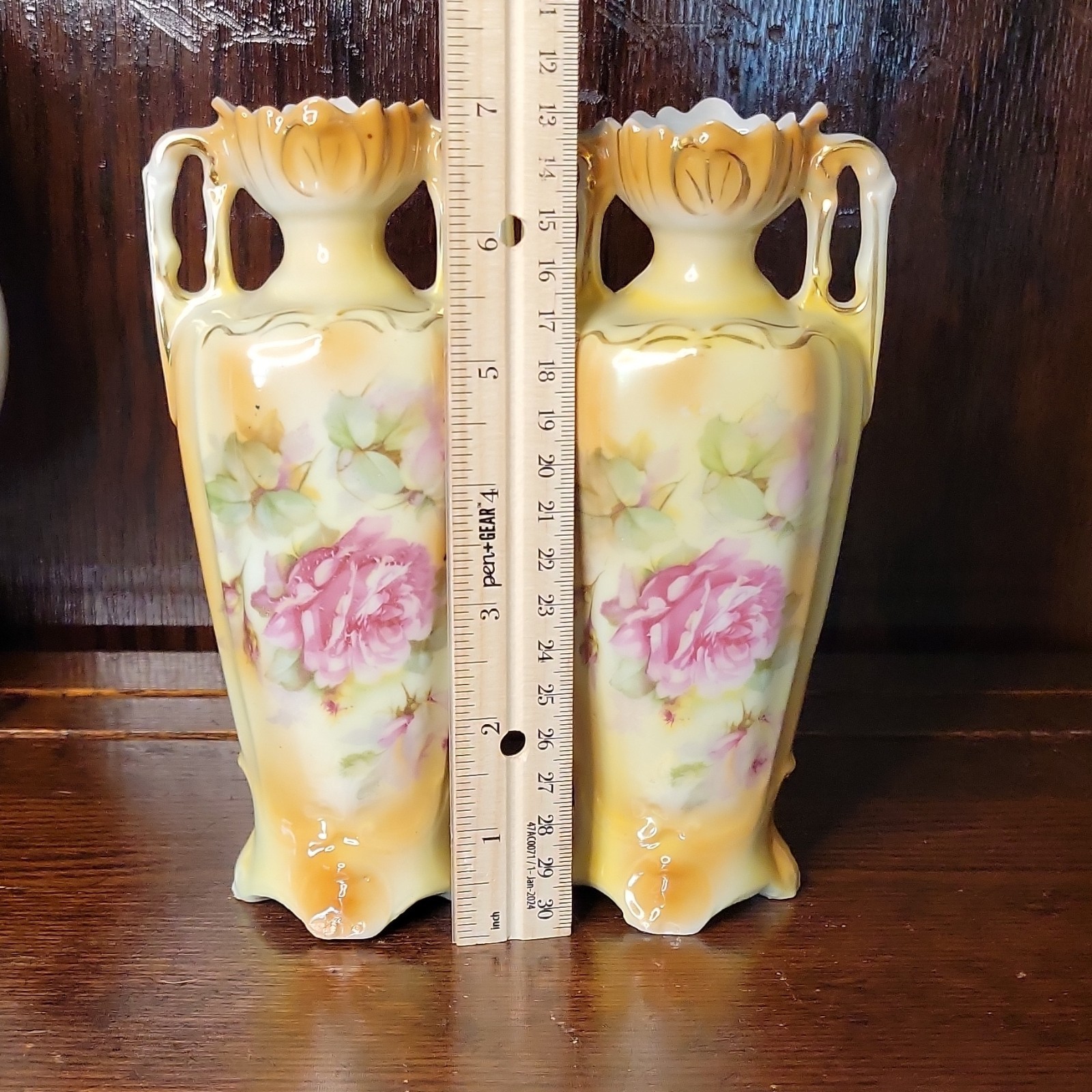 Pair Floral Porcelain Double-Handle Vases Glossy Finish Beige Pink Green 7 in
