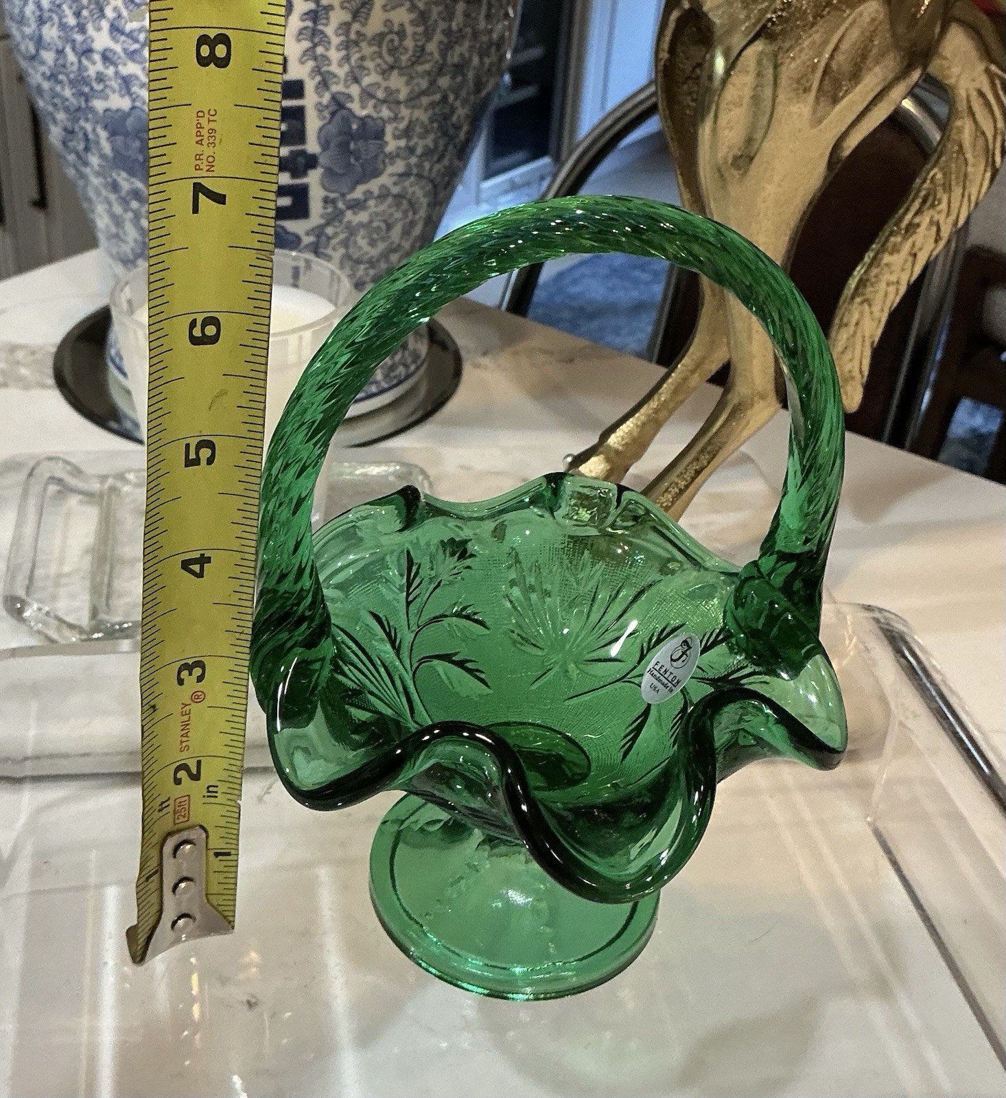 Vtg . Fenton Green Glass Ruffled Basket Candy Dish With Braided Handle 7” x 5”