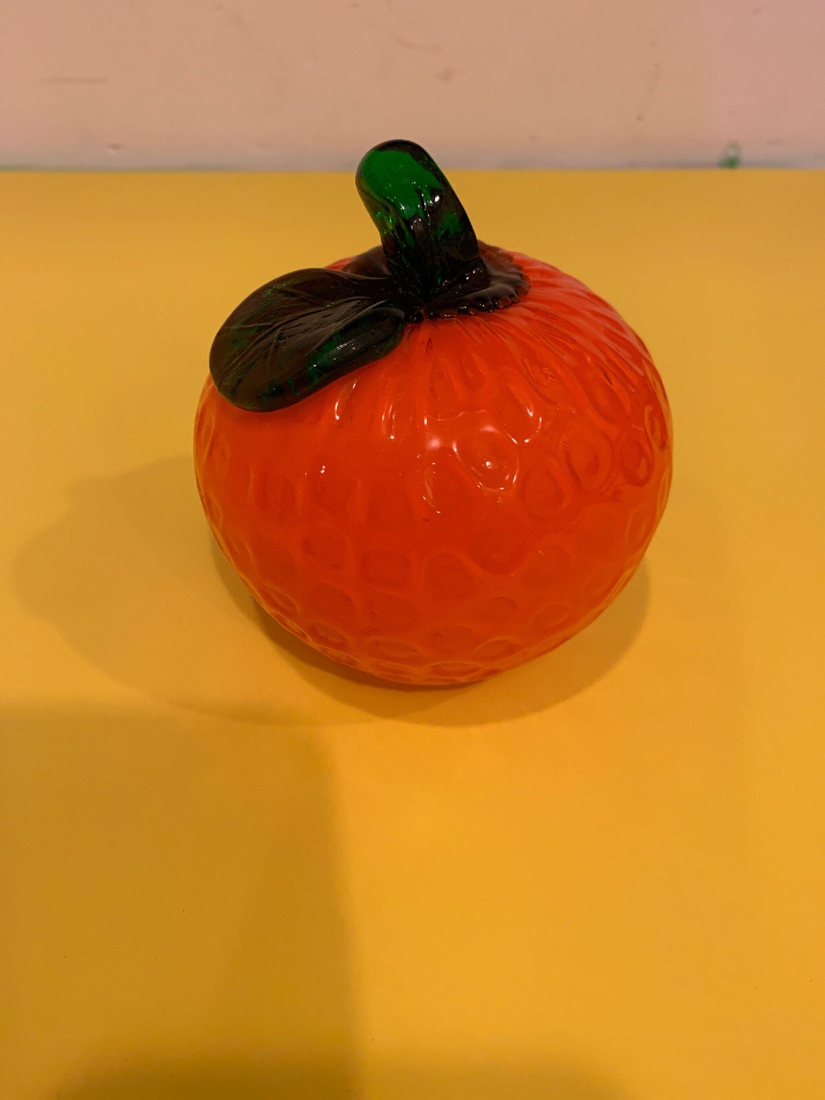 -Art Glass Fruit Life Size Orange Color Green Stem/Leaf Basket Decor New