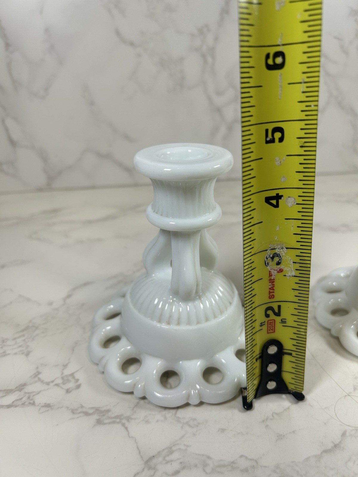 Vintage Pair Milk Glass Lace Candlestick Holders