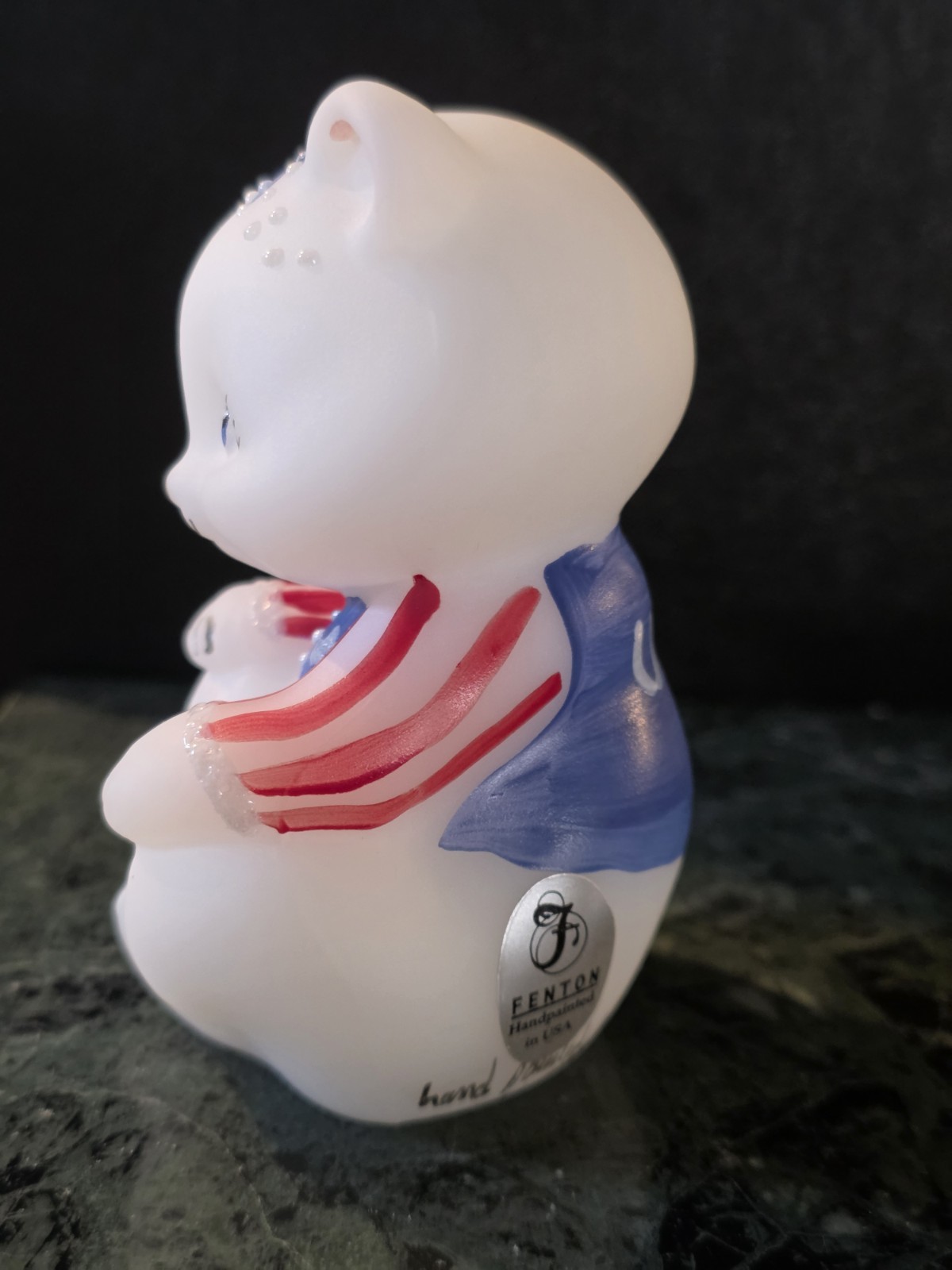 Fenton 2001 Sitting Bear Patriotic Stars and Stripes White Satin Glass Signed