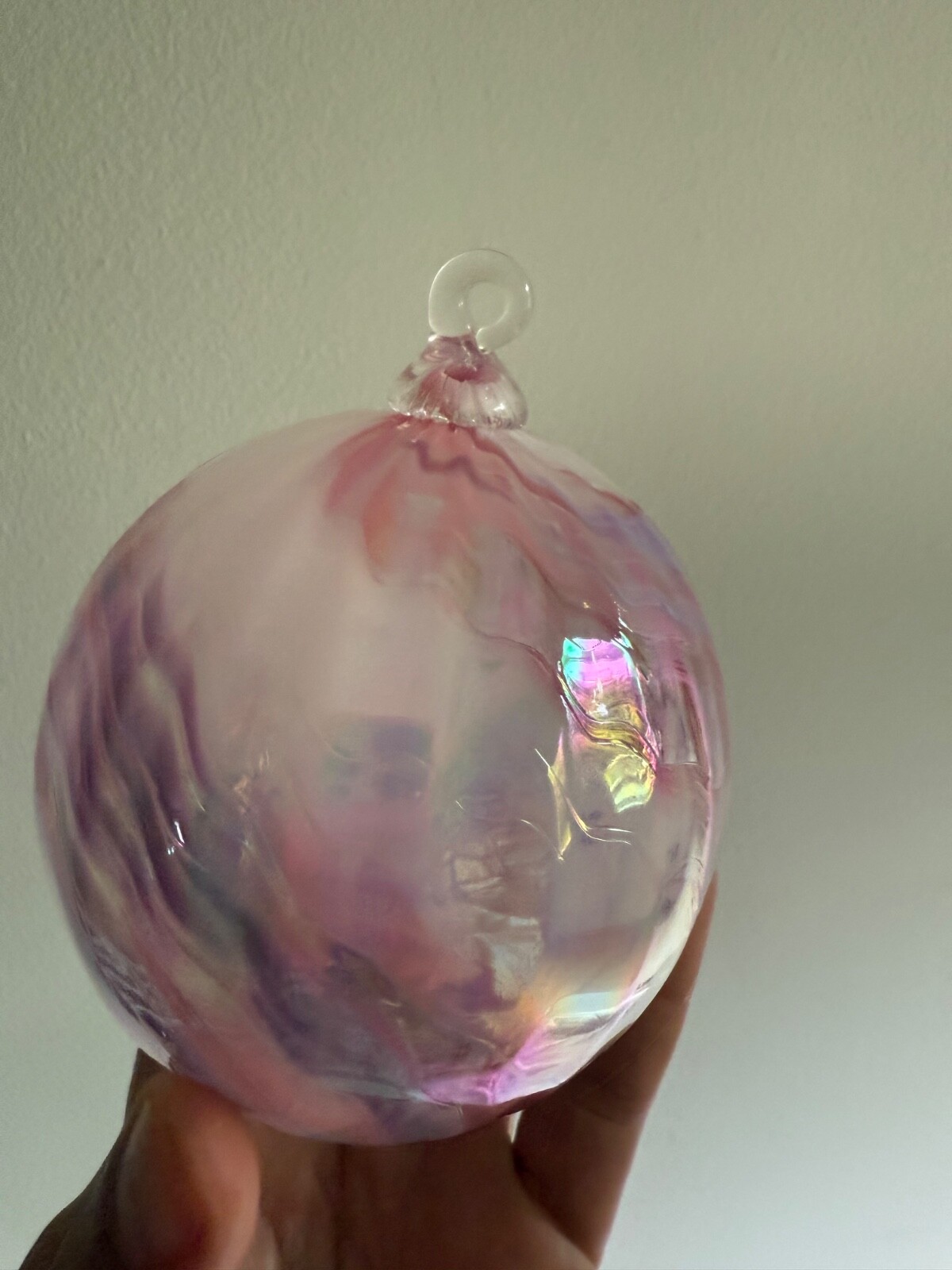 Hand Blown Art Glass Ball approx. 4” Suncatcher Pink Swirl ornament