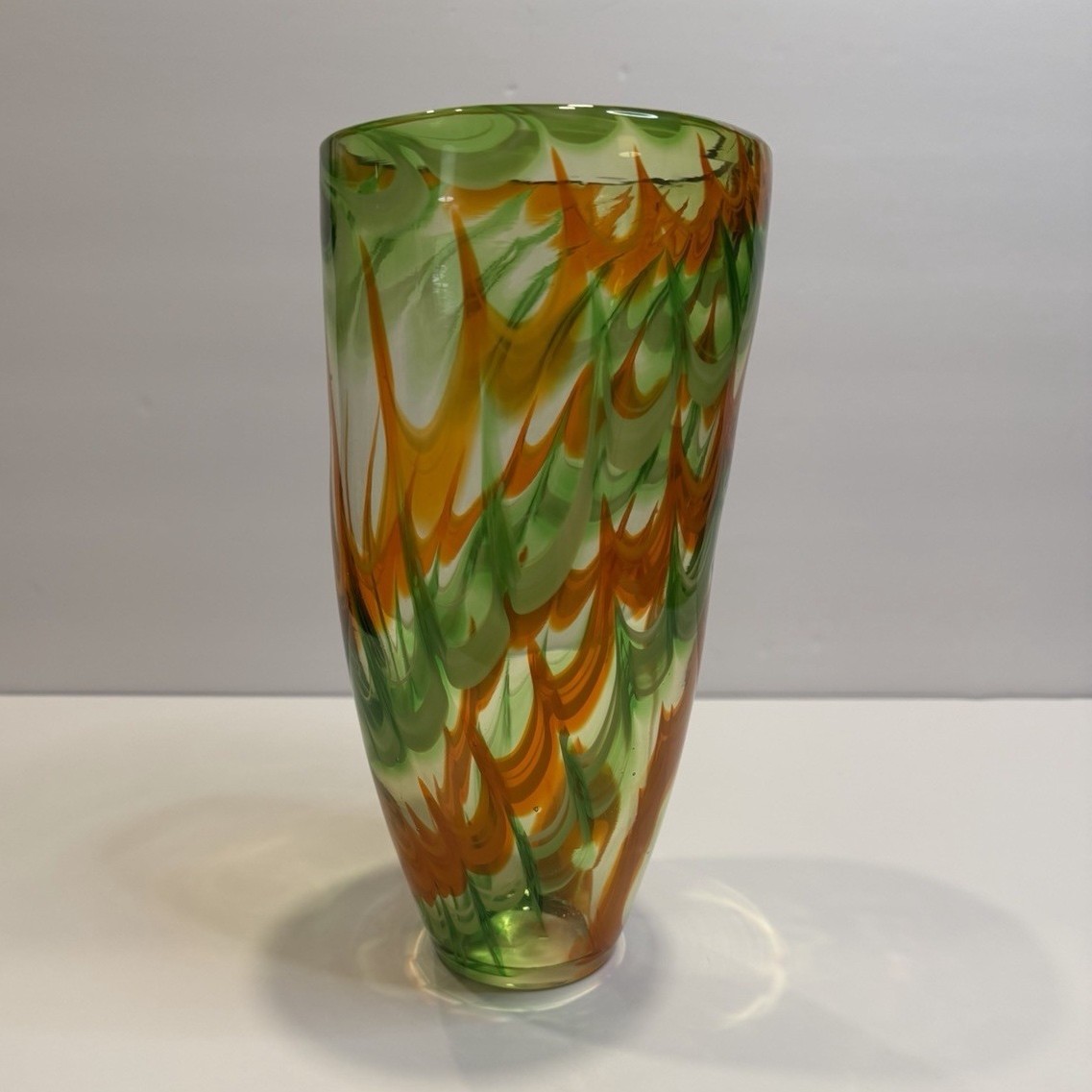 Vintage Hand Blown Art Glass Orange and Green Vase