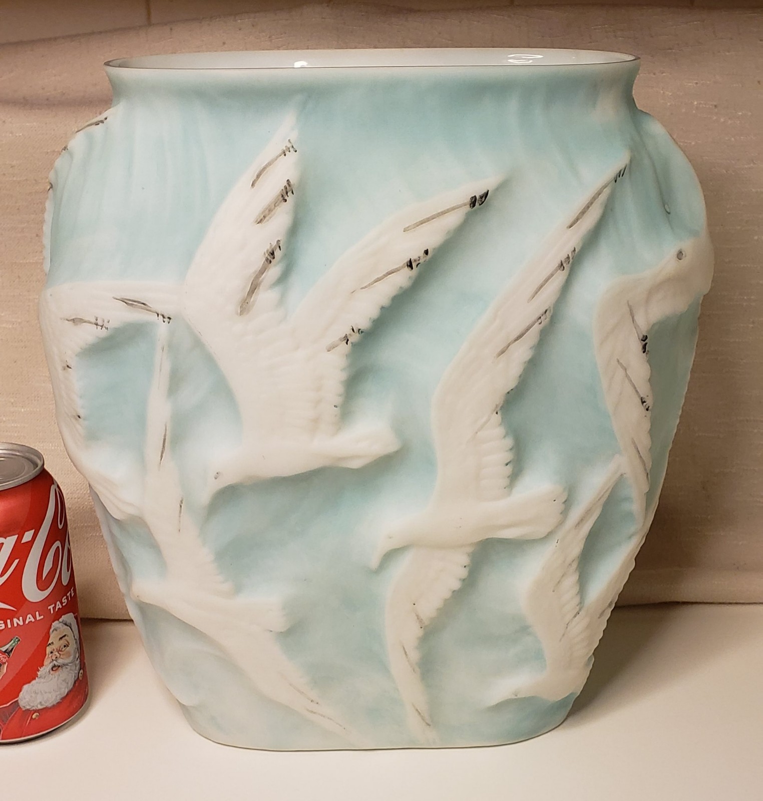 11″ Large Phoenix Consolidated Cameo Glass Vase Blue /Custard Seagulls In Flight