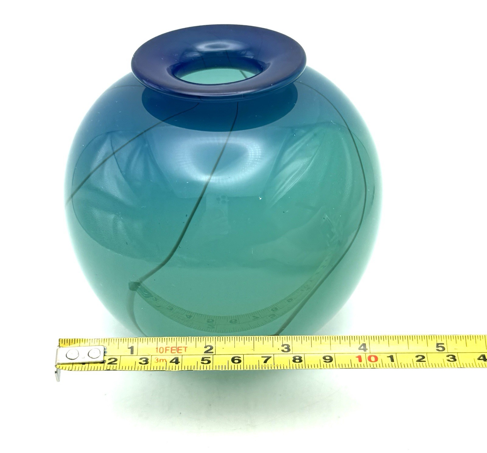 Studio Art Glass Vase Aqua & Blue Small Hand Blown Artist Signed 4.25” Swirl