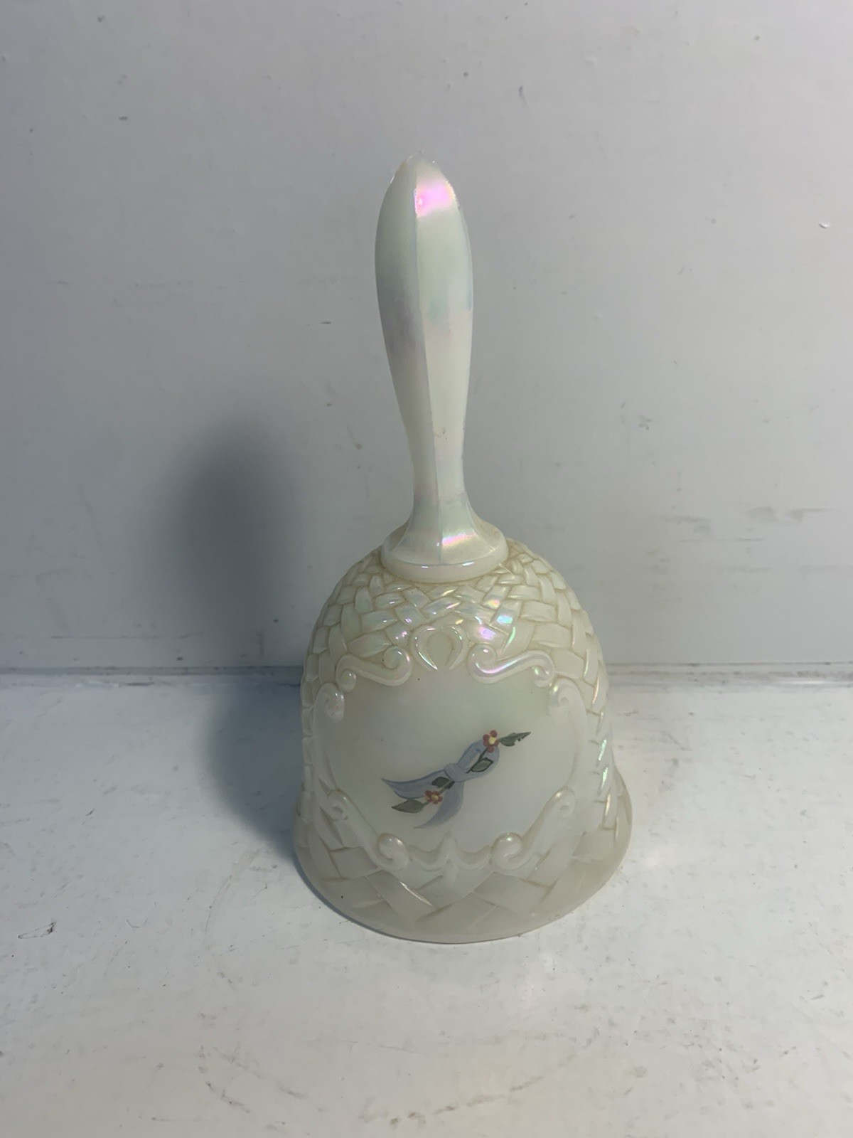 Fenton BELL white iridescent basketweave glass hand painted Heart & Roses Signed