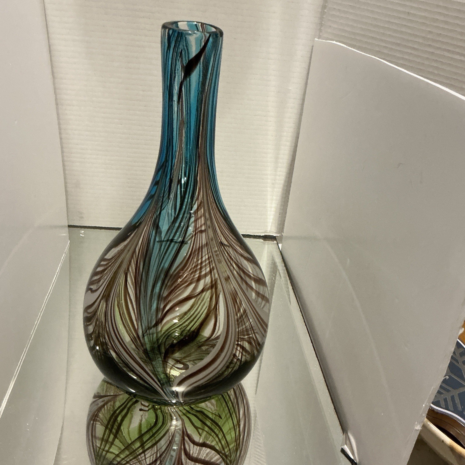 Large Feather Pulled Blue Green Brown Encased Art Glass Vase Studio