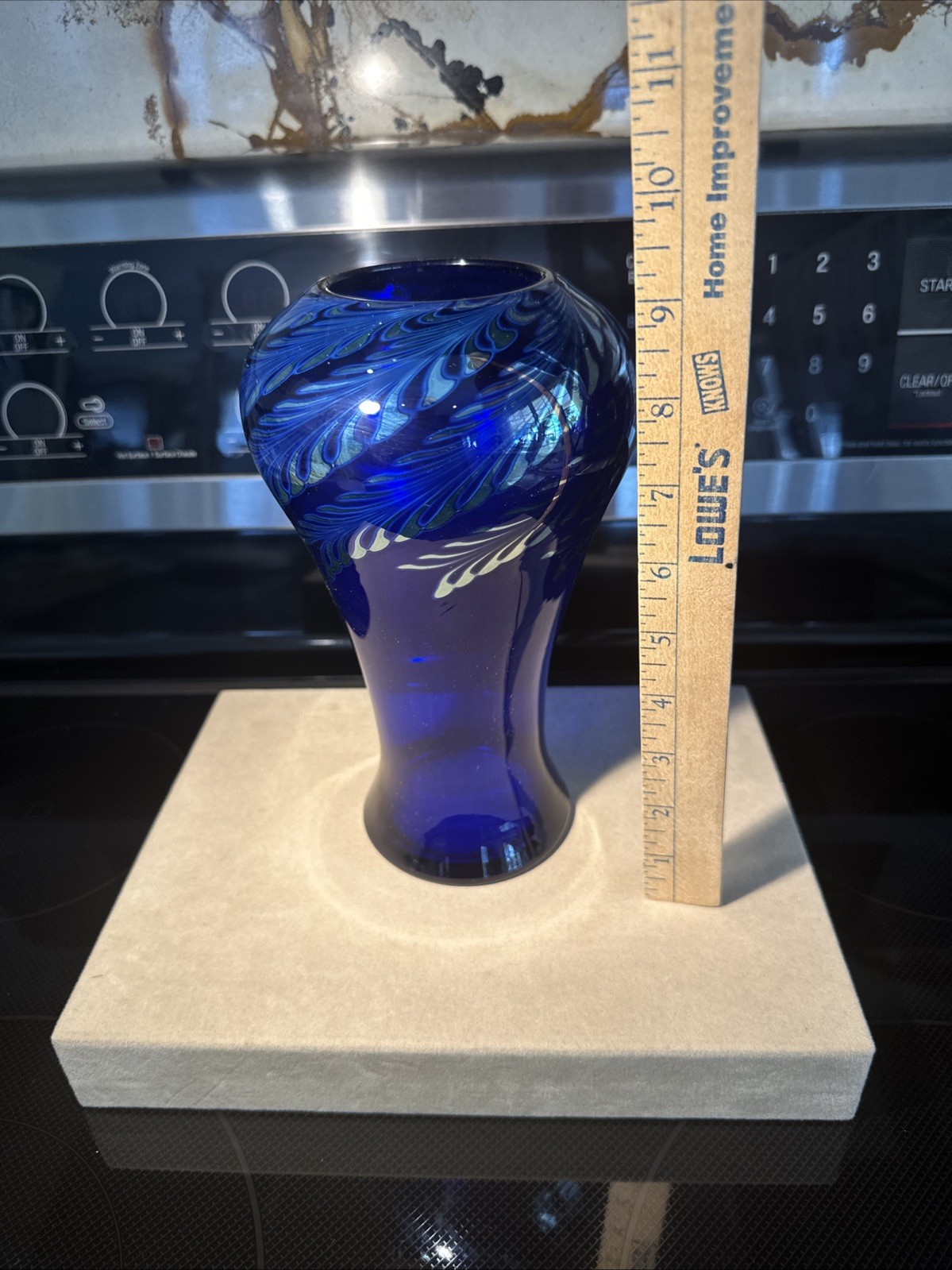 Steven Correia Art Glass Pulled Feather Vase Coballt Blue & Silver MINT Cond.