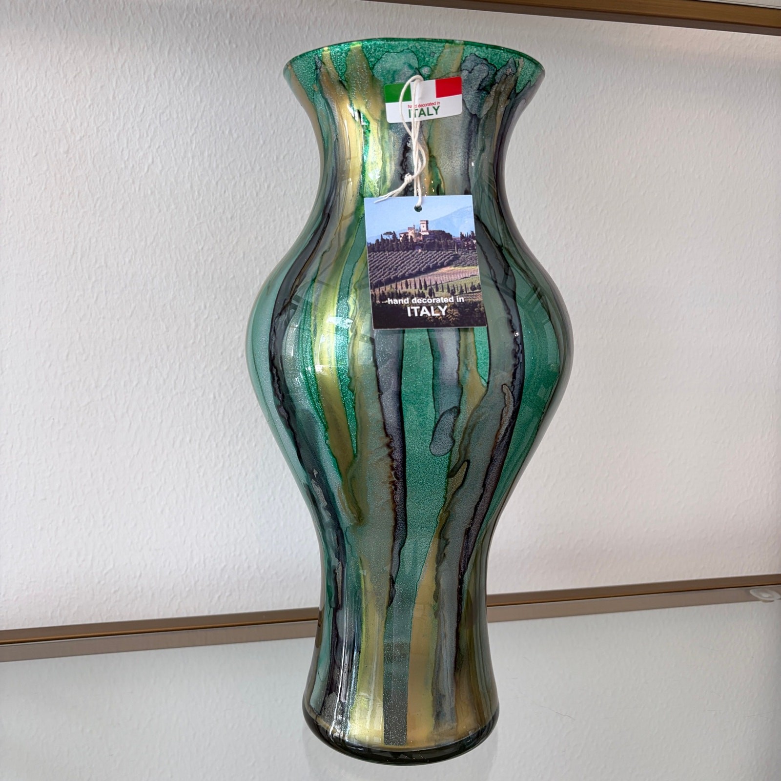 Italian Murano Art Glass Vase 14.5in Green Blue Gold Glitter Swirl Hand Blown