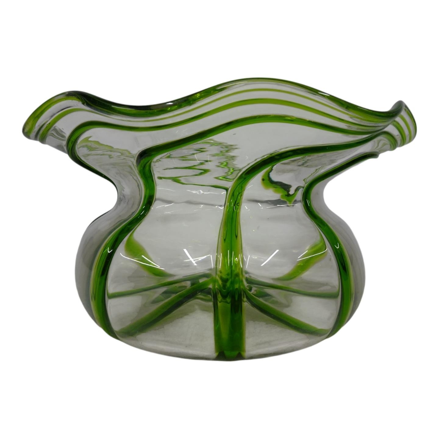 Stuart & Sons Stourbridge Hand Blown Green Trailed Art Bowl Glass Vase HT6