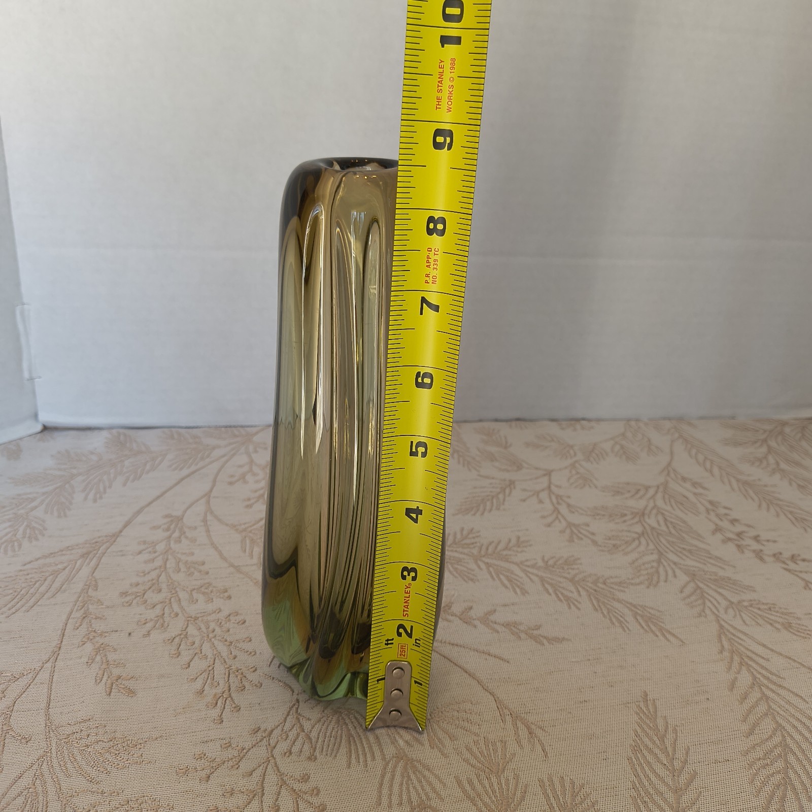 Vtg Sommerso Art Glass Vase Green Amber Mid Century Swirl 8.5″ Polished Bottom