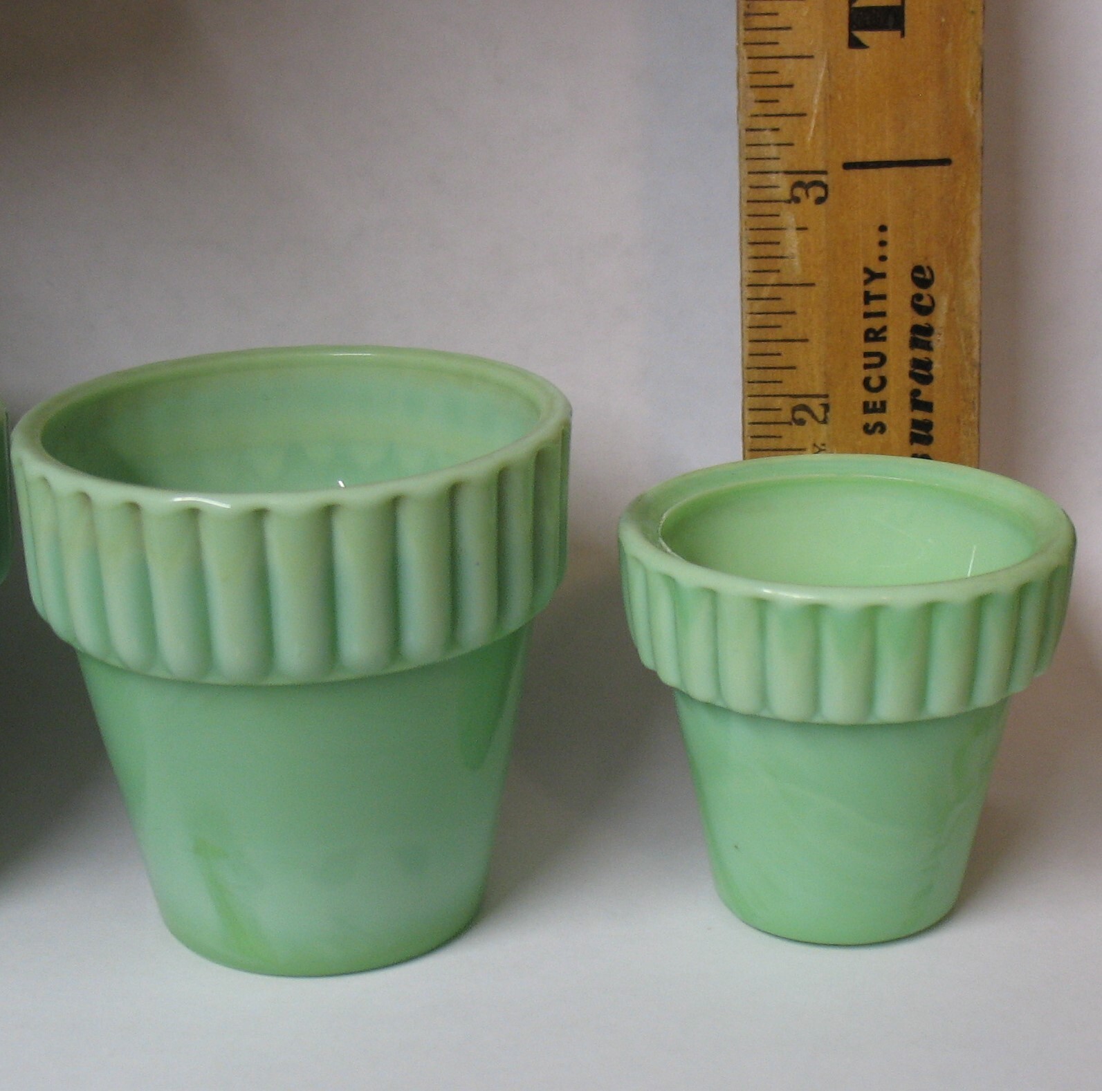 4 Akro Agate Flower Pot, Jadeite Slag Glass, Vintage Art Deco 2.25 and 1.75 in