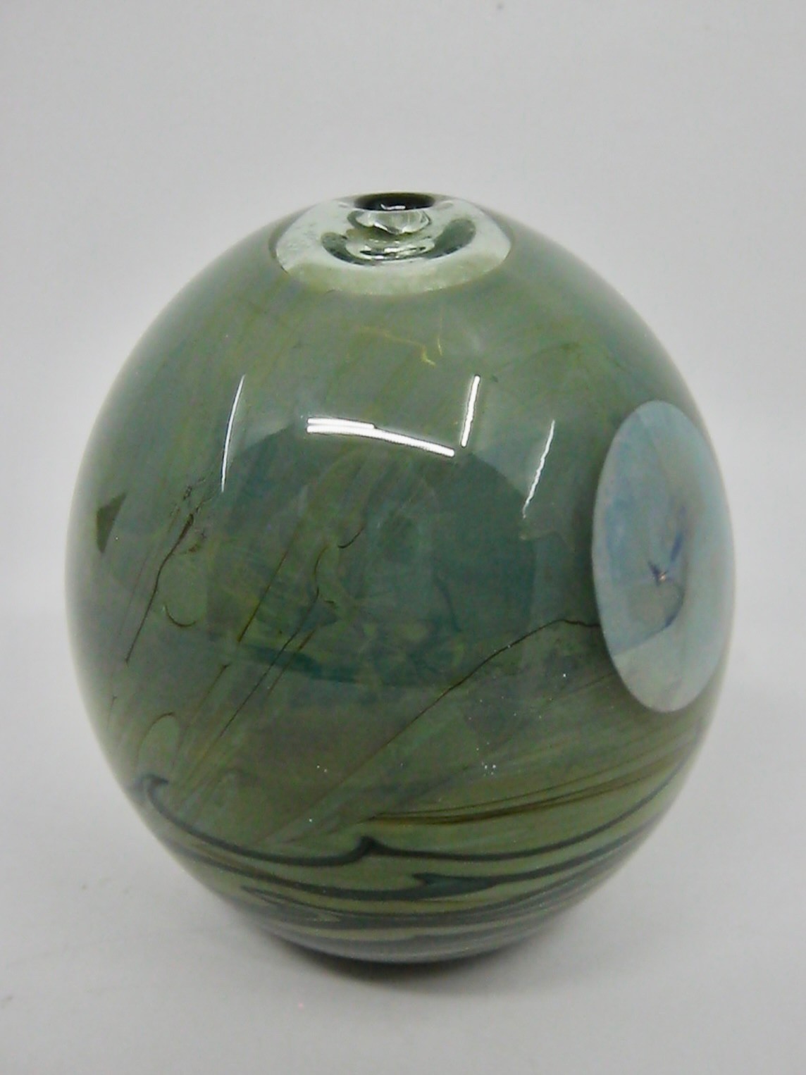 John Lewis Studio Art Glass Moon Bottle 1974 Green Glossy Signed 4.5″ Tall