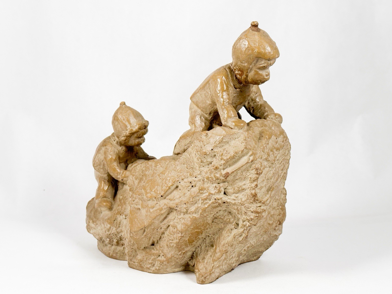 Vintage Inuit Boys Playing Sculpture M Strubel Boys Climbing Rock Alaskan Native