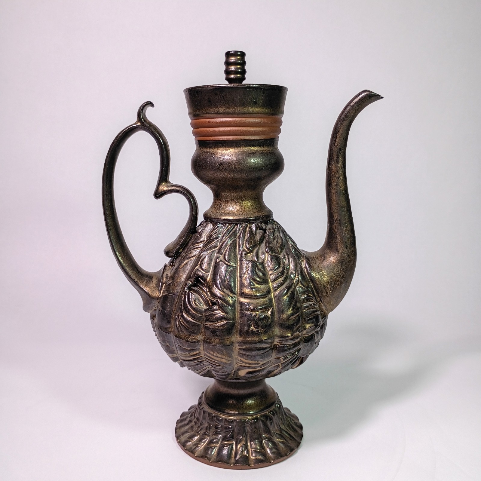 Studio Pottery Lidded Ewer Metallic Bronze Glaze Ornate Relief Art Pottery