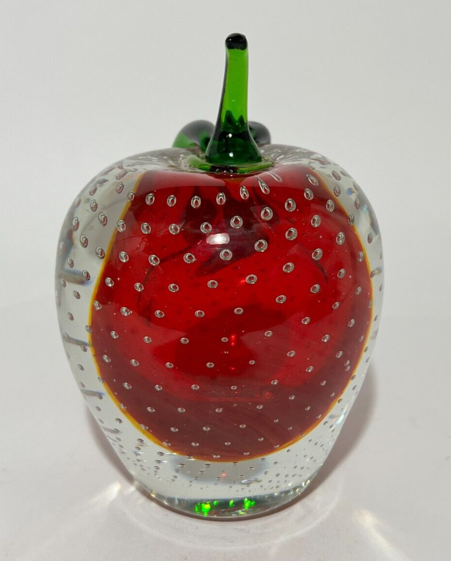 Apple Paperweight Art Hand Blown Glass Cased Clear Red Handcrafted Bubbles Glows