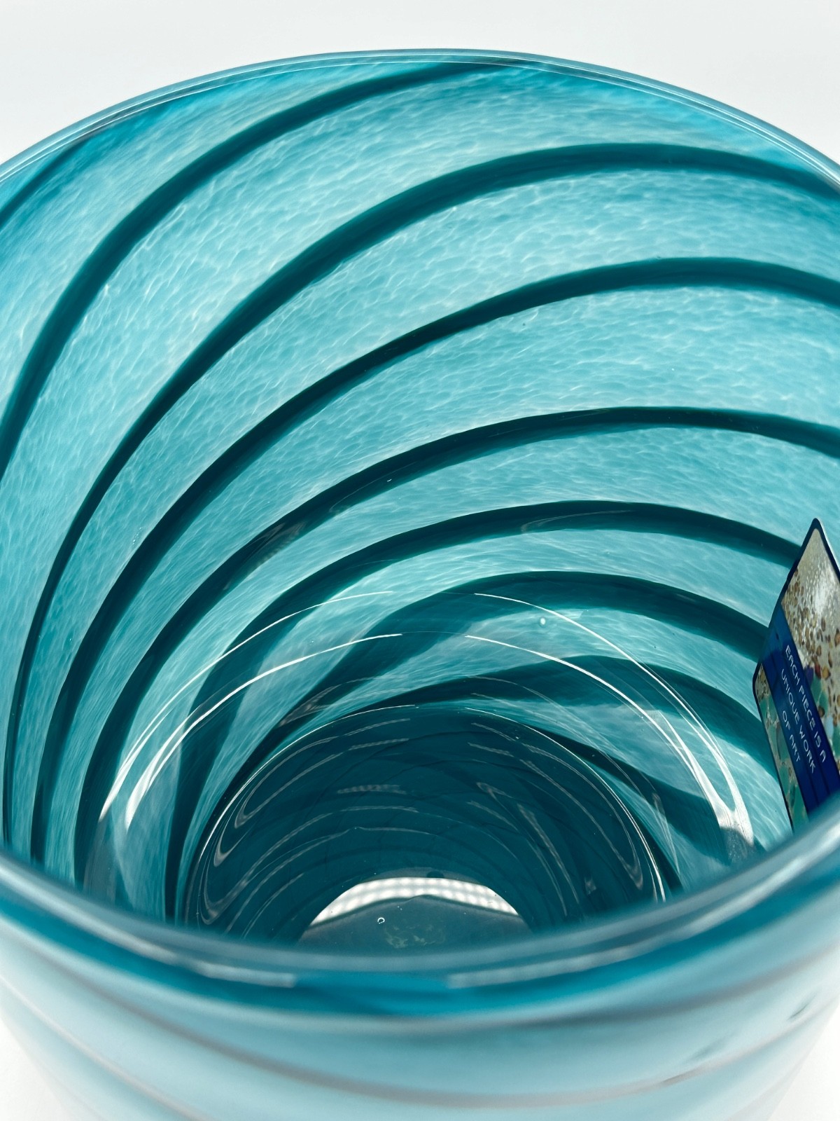 Large Hand Blown Art Glass Vase Teal Blue Swirl Heavy Modern Decor 8.25″