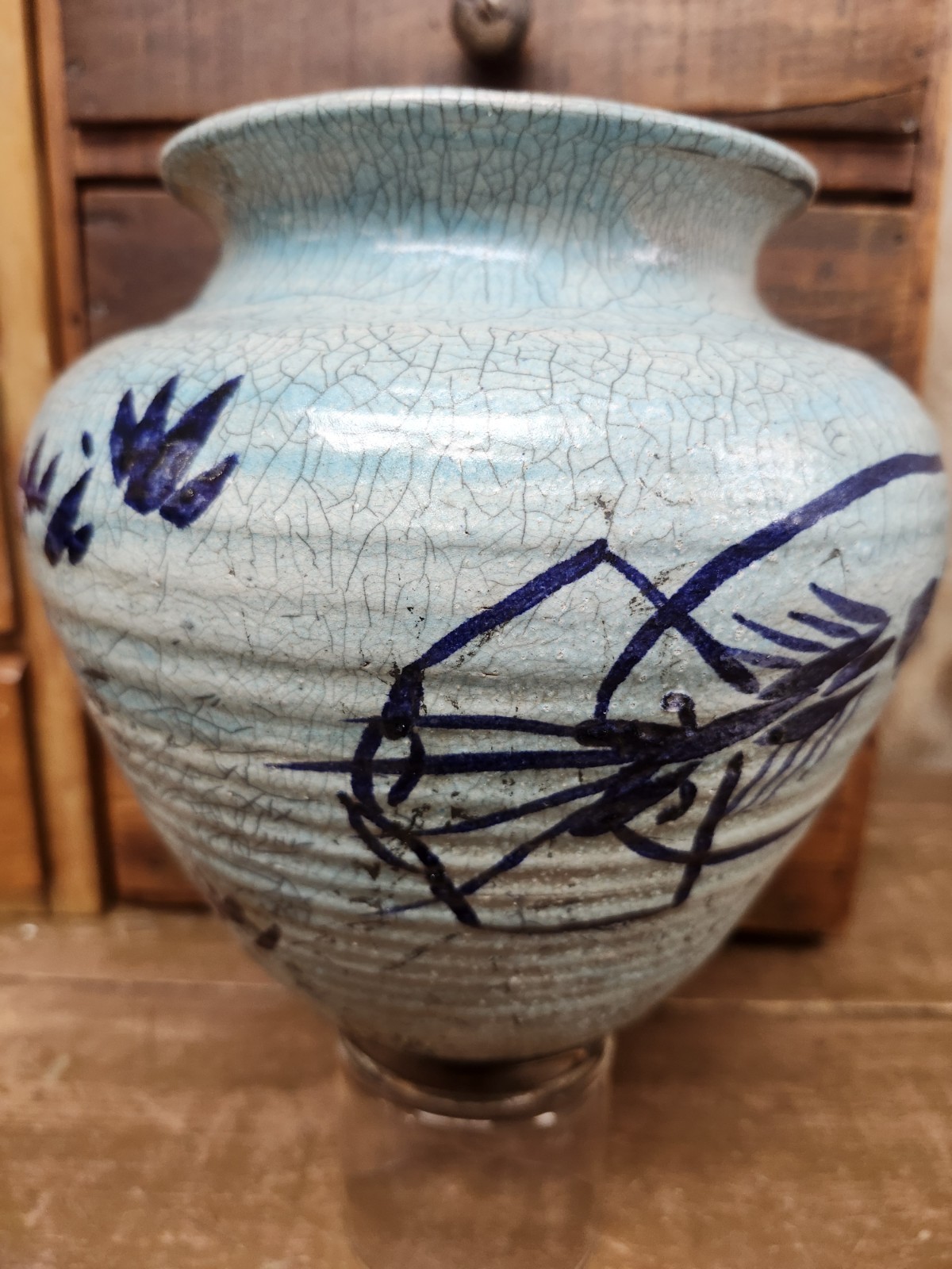 Vtg Don Williams Fine Art Raku Pottery Aqua Prawn Vase Florida DMW ’98