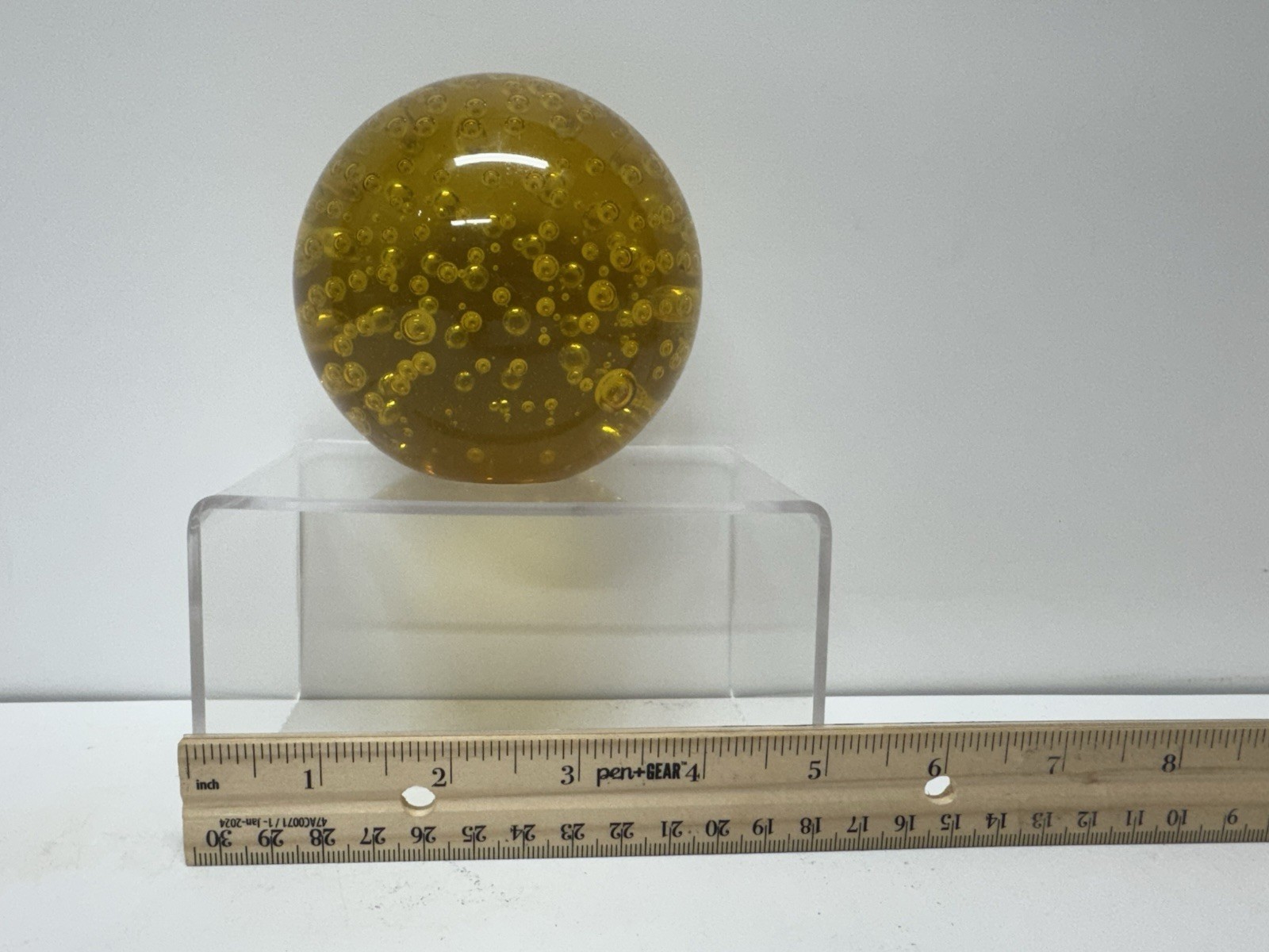 Vintage Mid Century Large Amber Glass Round Sphere Paper Weight Control Bubbles