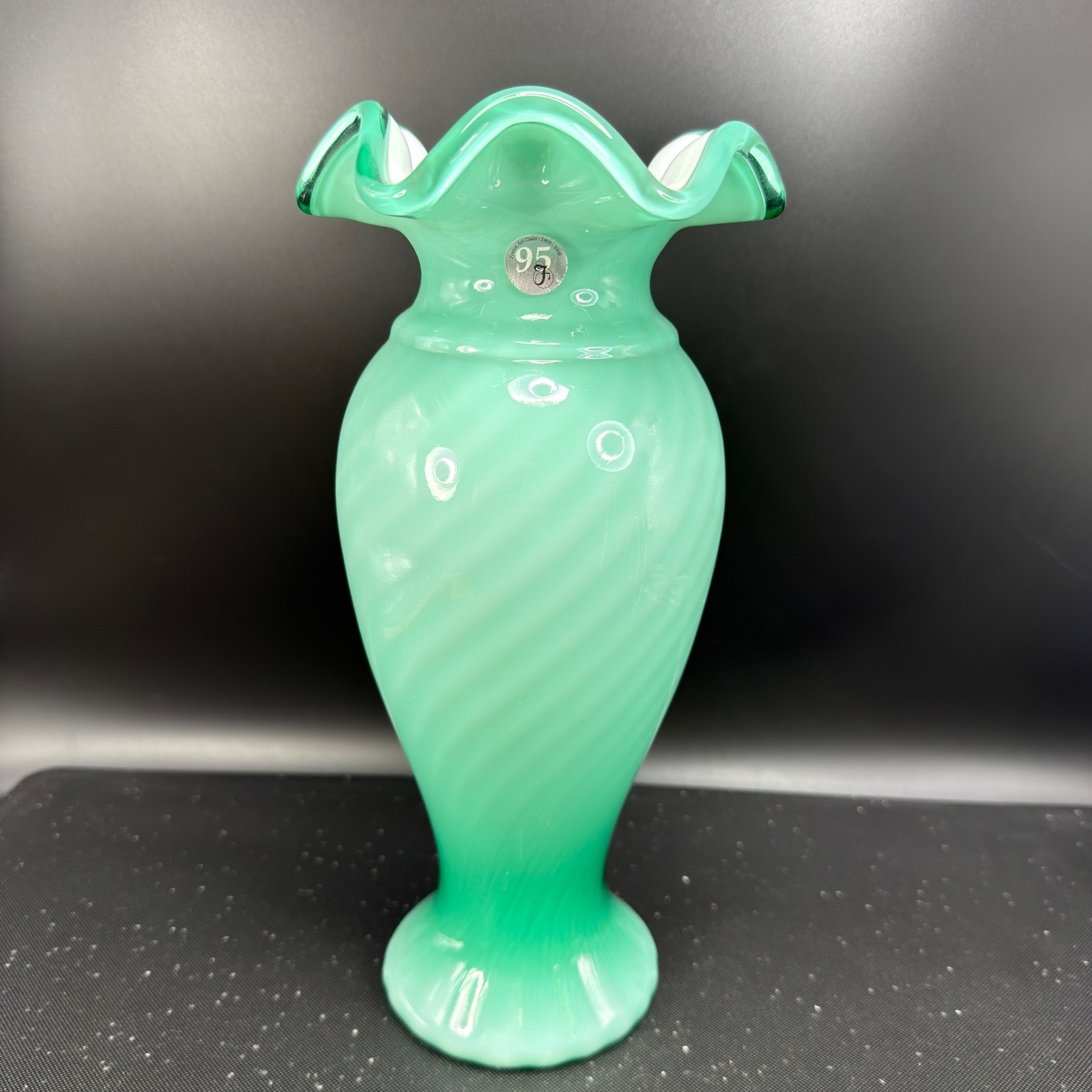 Fenton Seafoam Green Opalescent Swirl Ruffled Vase 95th Anniversary 10.5inch