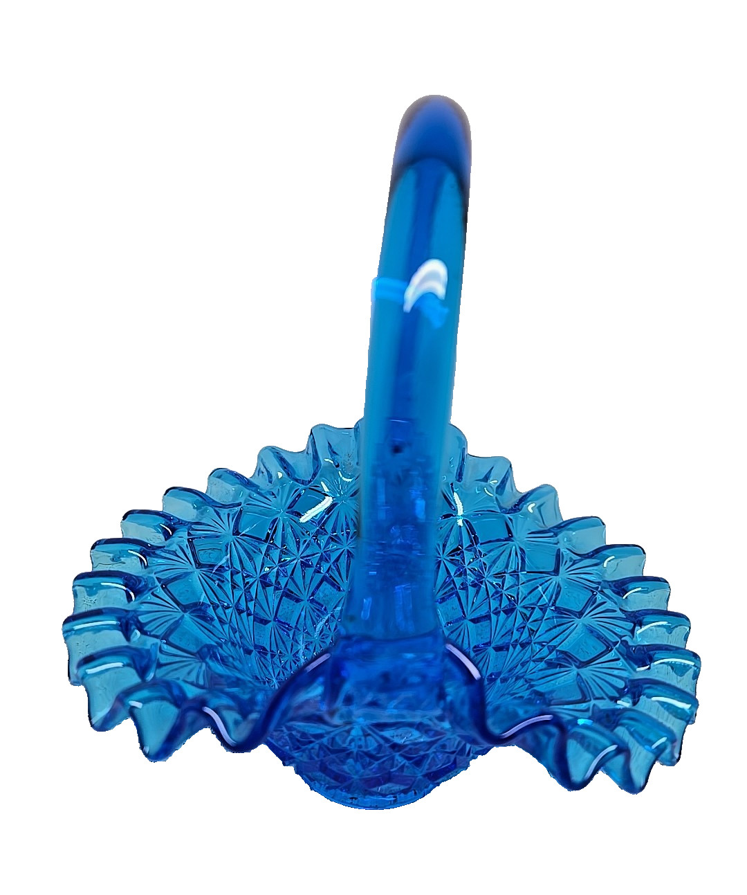 Vintage Fenton Olde Virginia Art Glass Blue Ruffled Basket Pressed w/Handle 8”