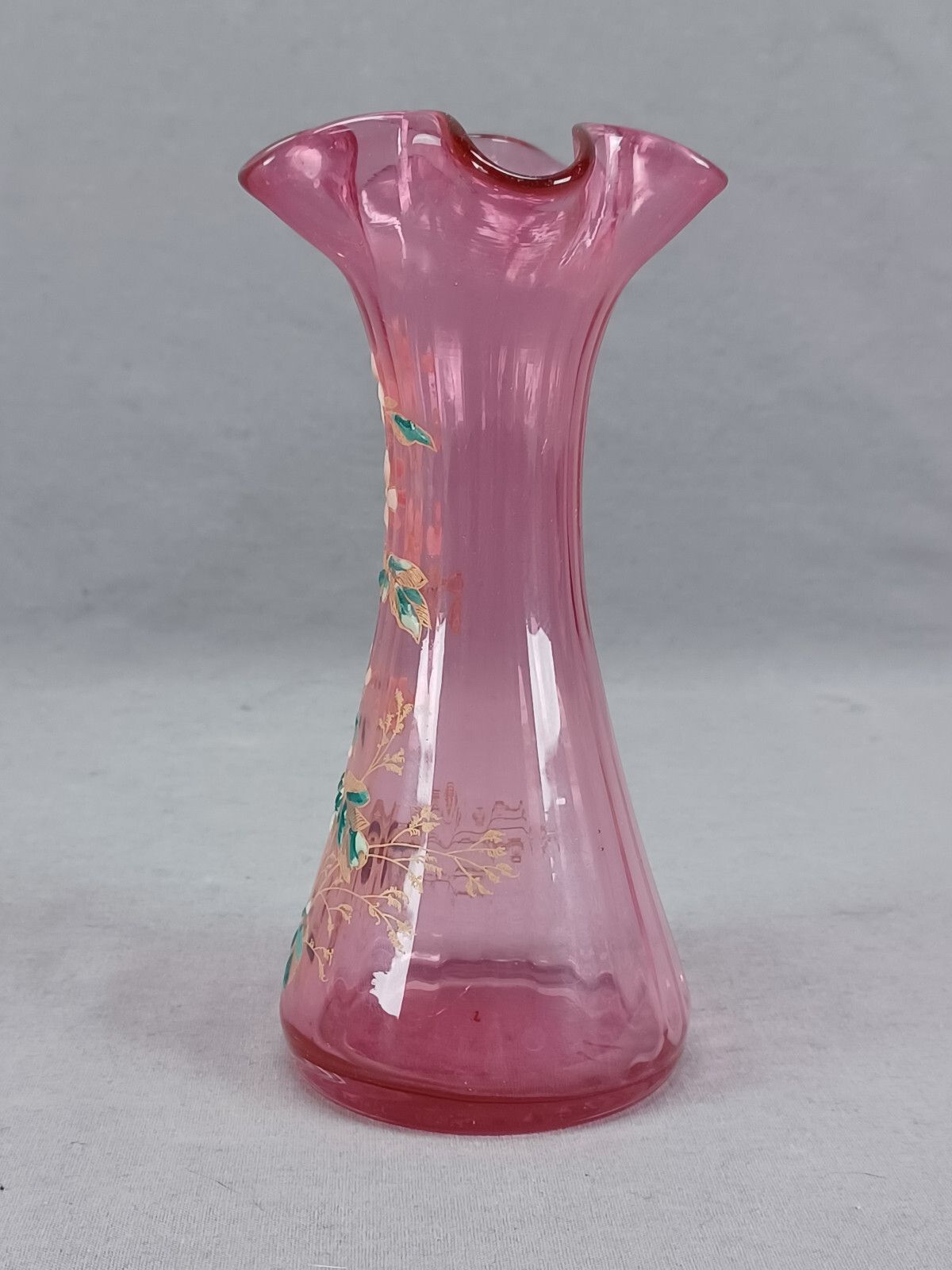 French Legras Hand Enameled Pink & White Floral Cranberry 6 1/4 Inch Vase