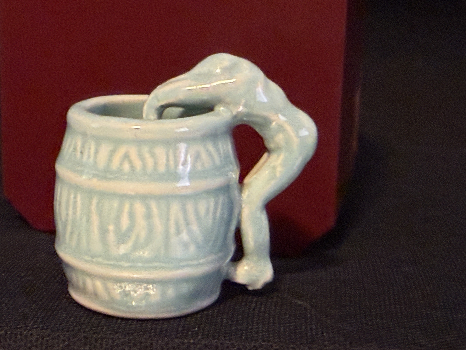 Vintage Pottery Tooth Pick Holder Art Nouveau Naked Man dives in Barrel