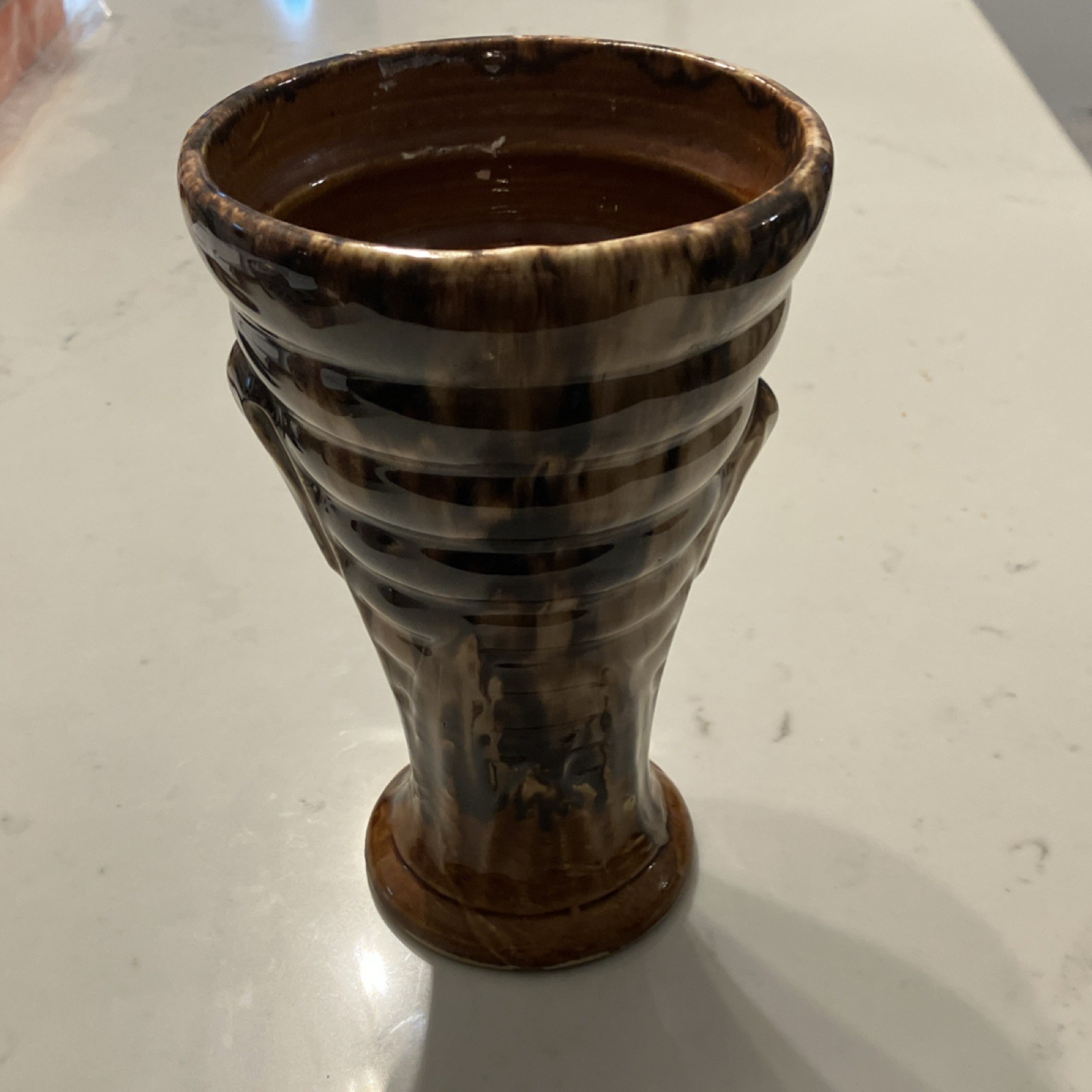 Brown Ribbed Glossy Ceramic Pottery Vase, Approx. 8″ x 4″, Decorative