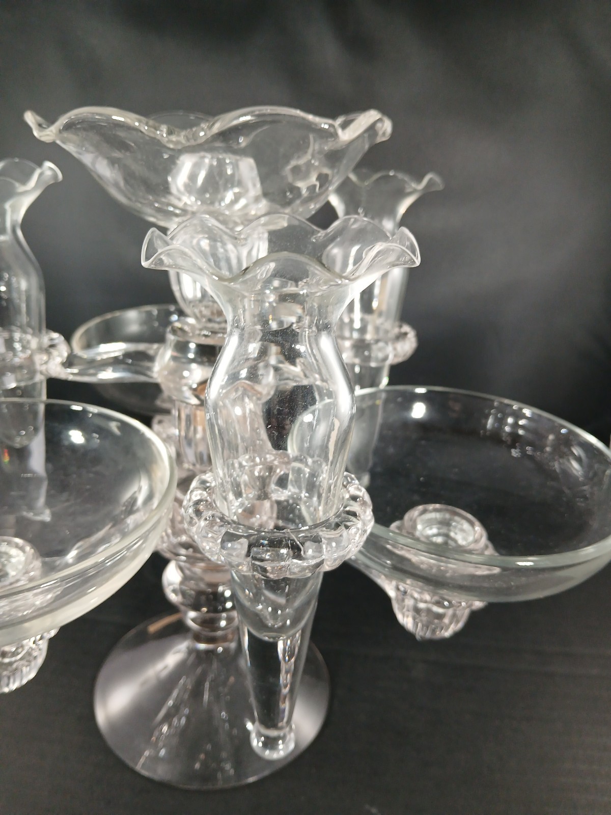 Vtg MCM Cambridge Glass Clear Epergne Bowls, Vases, Holders, 10pc NICE PC
