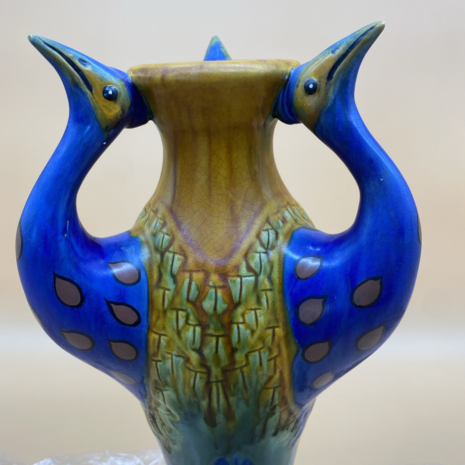 Vintage Art Nouveau Ceramic Pottery Peacock Bird Vase 16” Treasures READ!