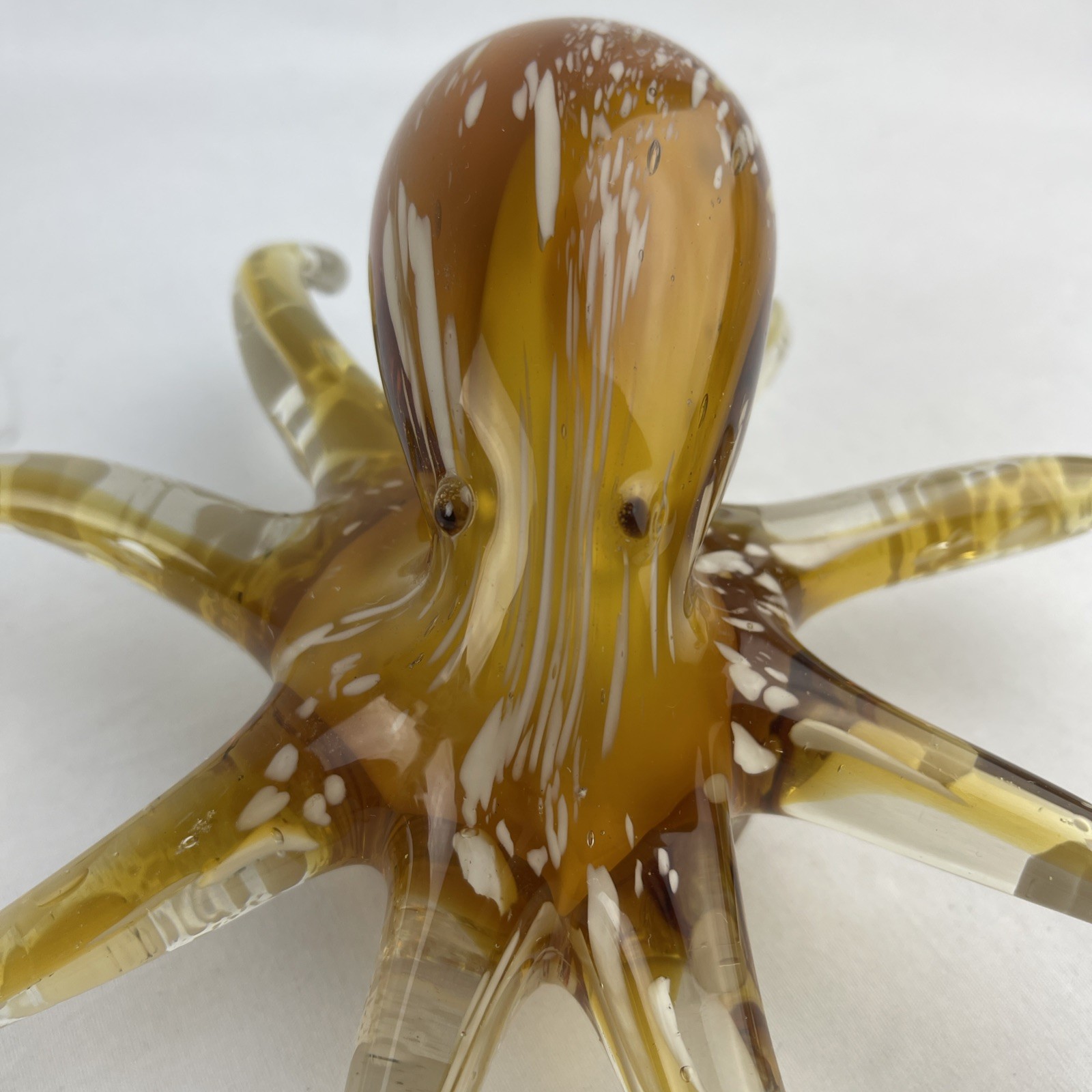 Hand Blown Art Glass Octopus Paperweight Figurine Yellow Brown Murano Style
