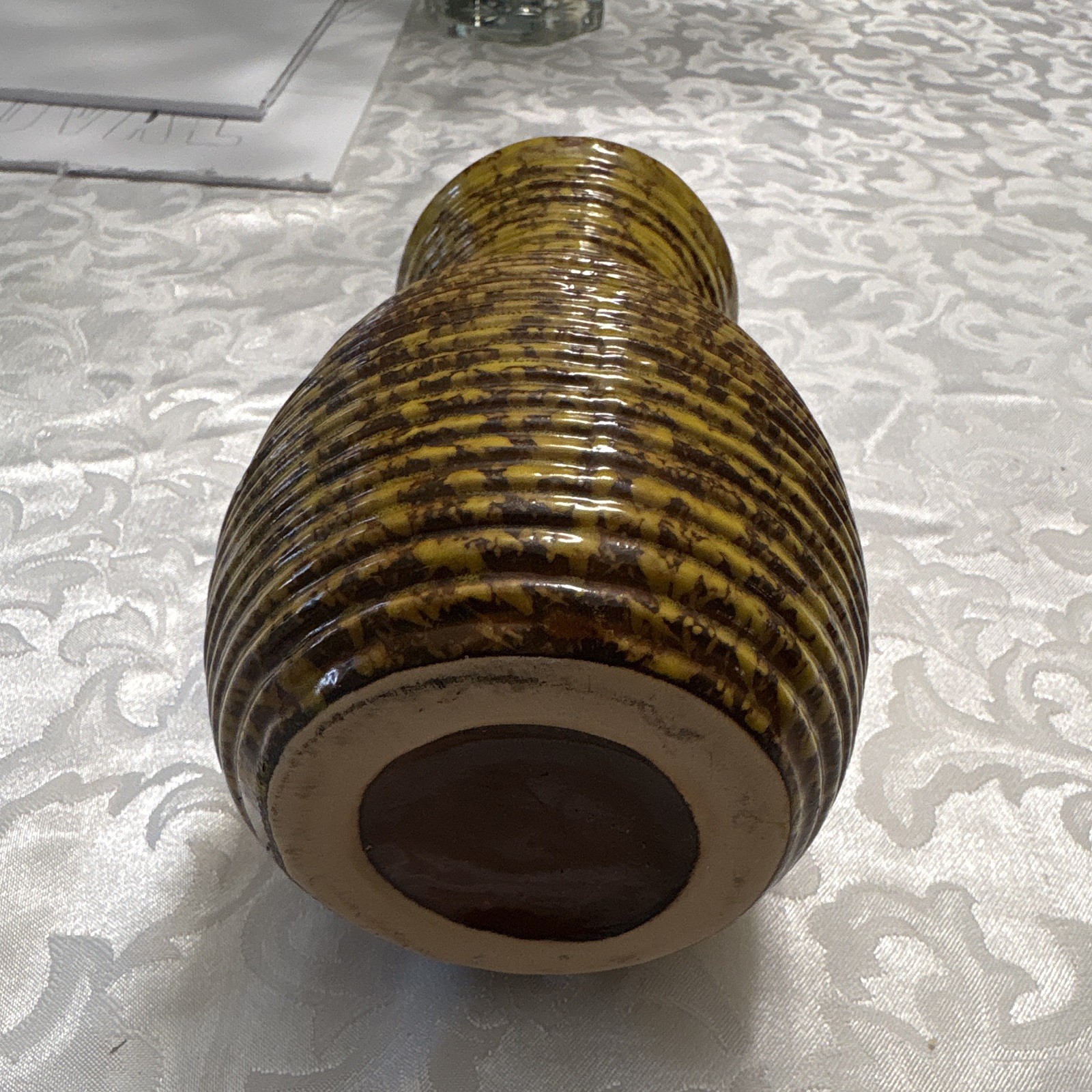 Yellow Brown Speckled Ribbed Textured Ceramic Vase, Glossy Finish