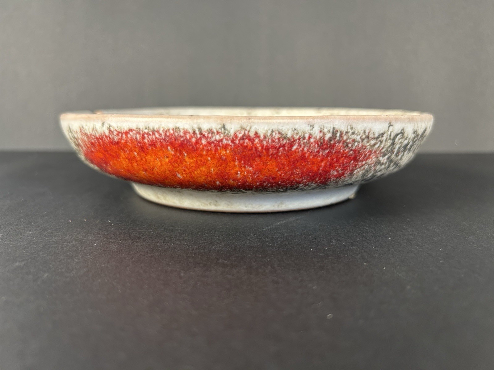 MCM Art Pottery Fat Lava Glaze Orange, White and Black Ash Tray