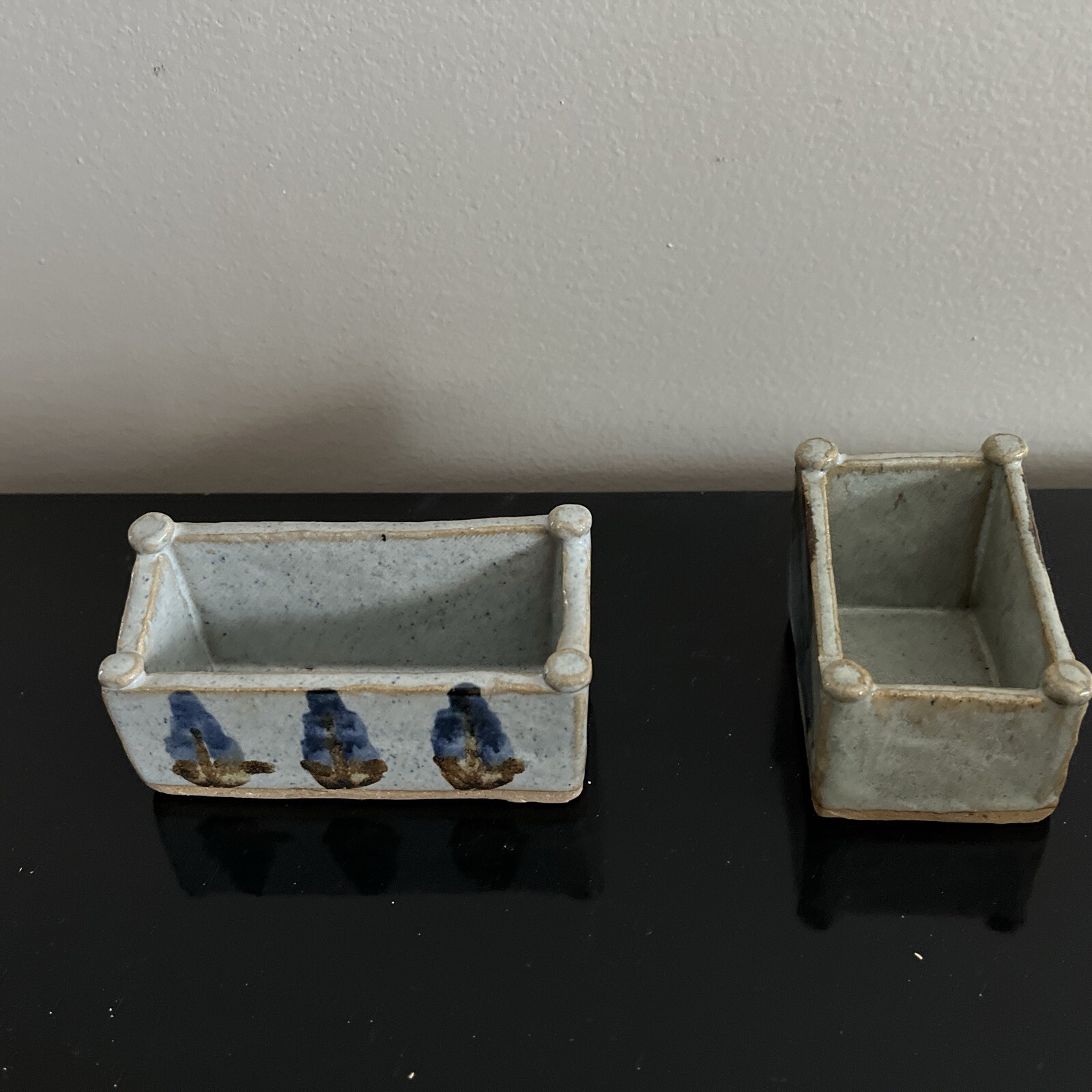 Studio Pottery Artist Signed PASHID Box Holder Hand Painted Blue Set Of 2