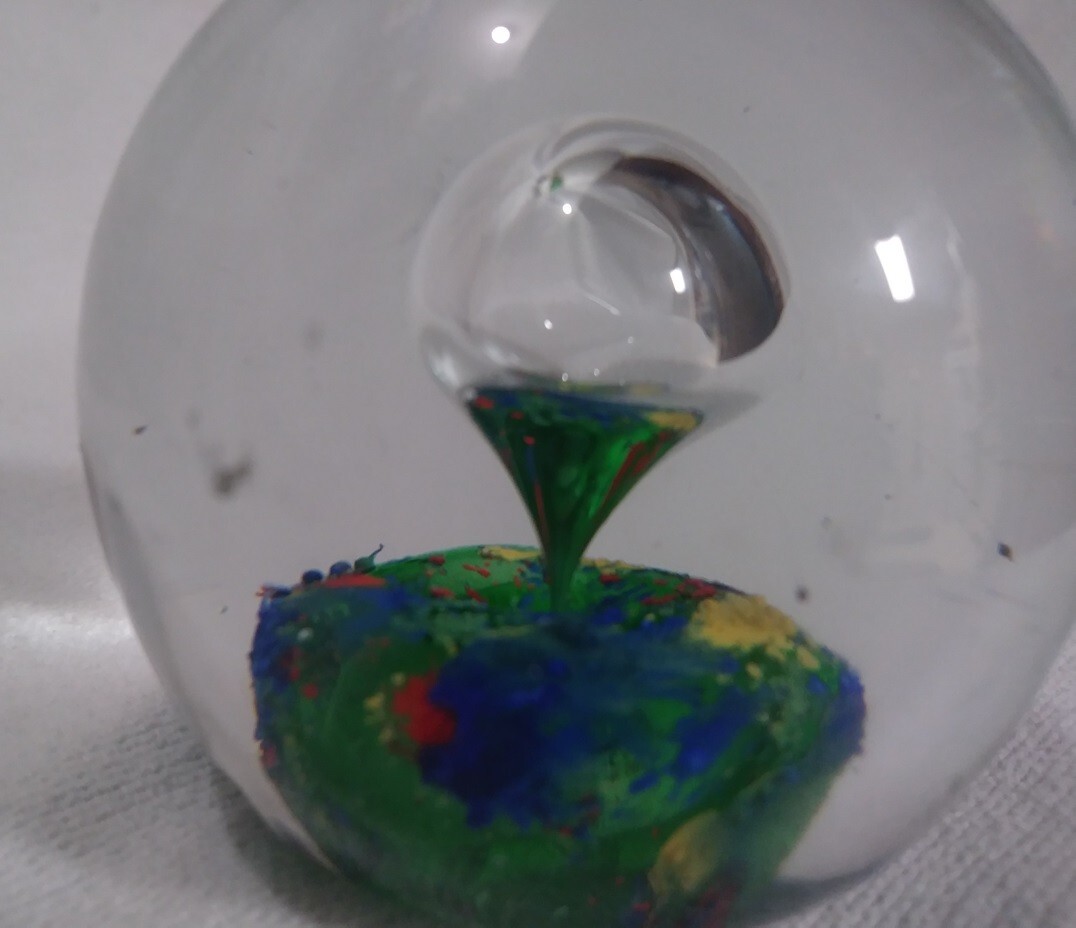 Art Glass Clear Round Glass Paperweight Bubble + Blue Red Yellow Color Splotch