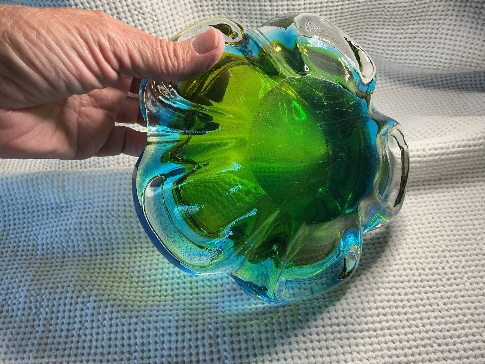 Murano Sommerso Blue Green Yellow Ashtray Flower Shape Bowl Italian Art Glass