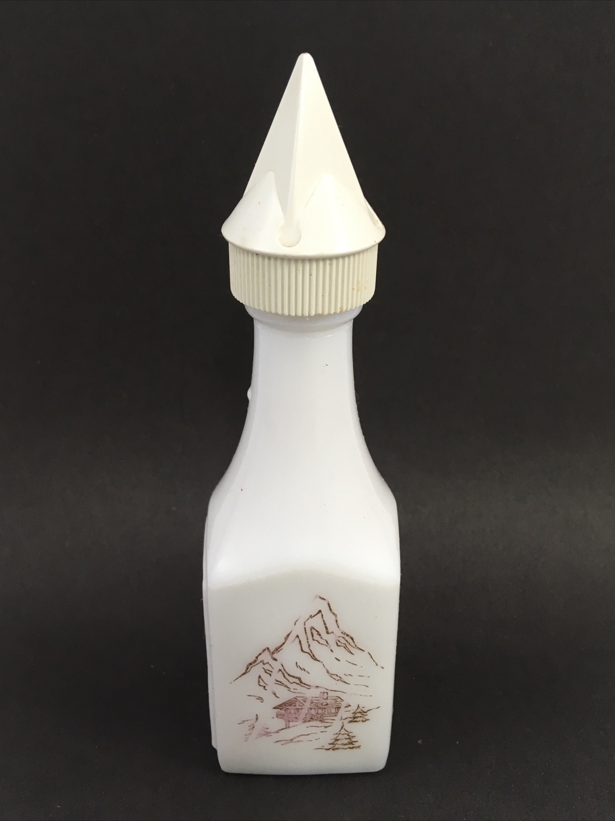 White Milk Glass Mini Bottle Gold Paint Mountain Scene Pointed Cap 5″ Vintage