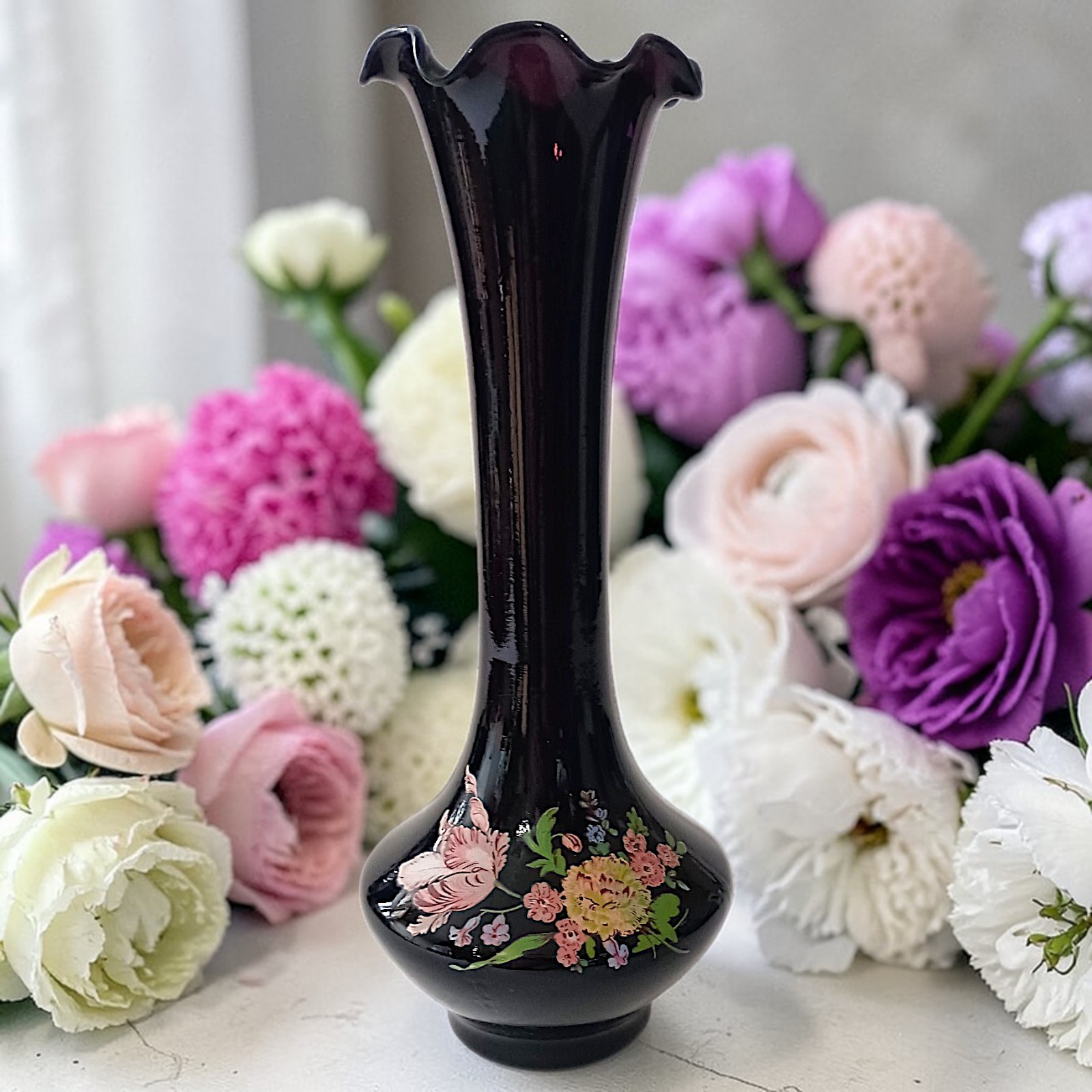 Vintage Floral Black Amethyst Floral Bud Vase Ruffled Fluted Top Edge Victorian