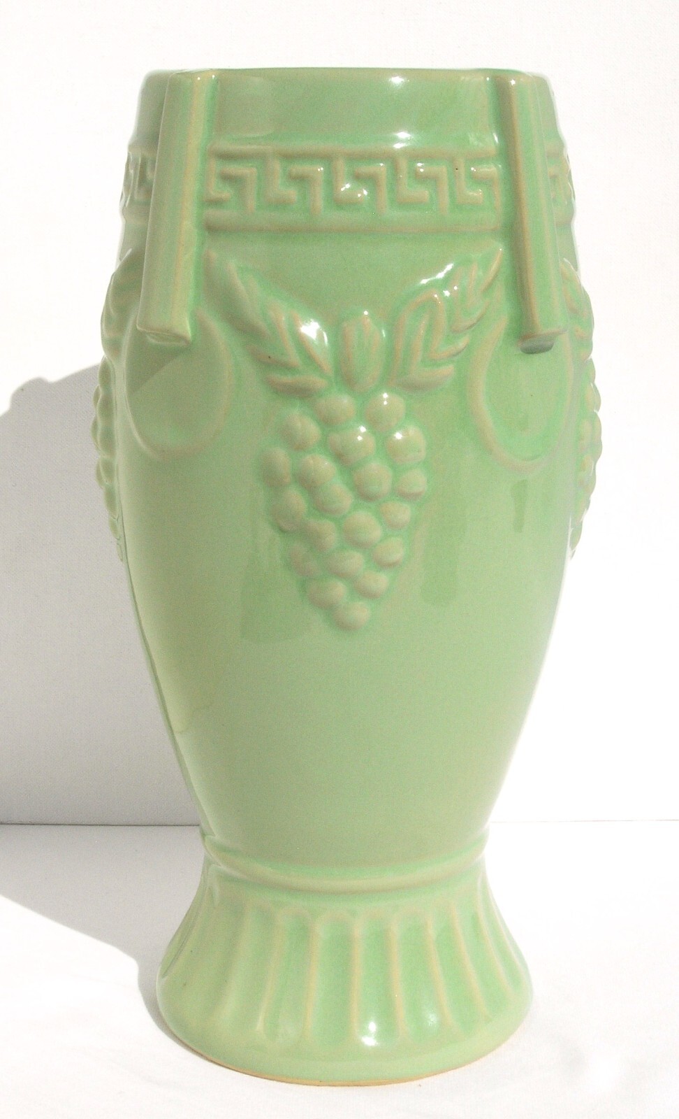 Vintage 11″ Chartreuse Green Greek Key & Grape Motif Stoneware Vase Yellow Ware
