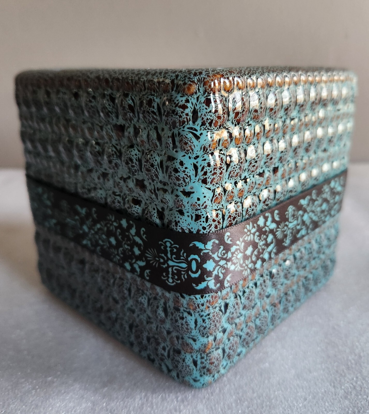 Square Ceramic Planter or Vase • Textured Aqua Blue & Brown Glaze • 4½”×4¾”×4¾”