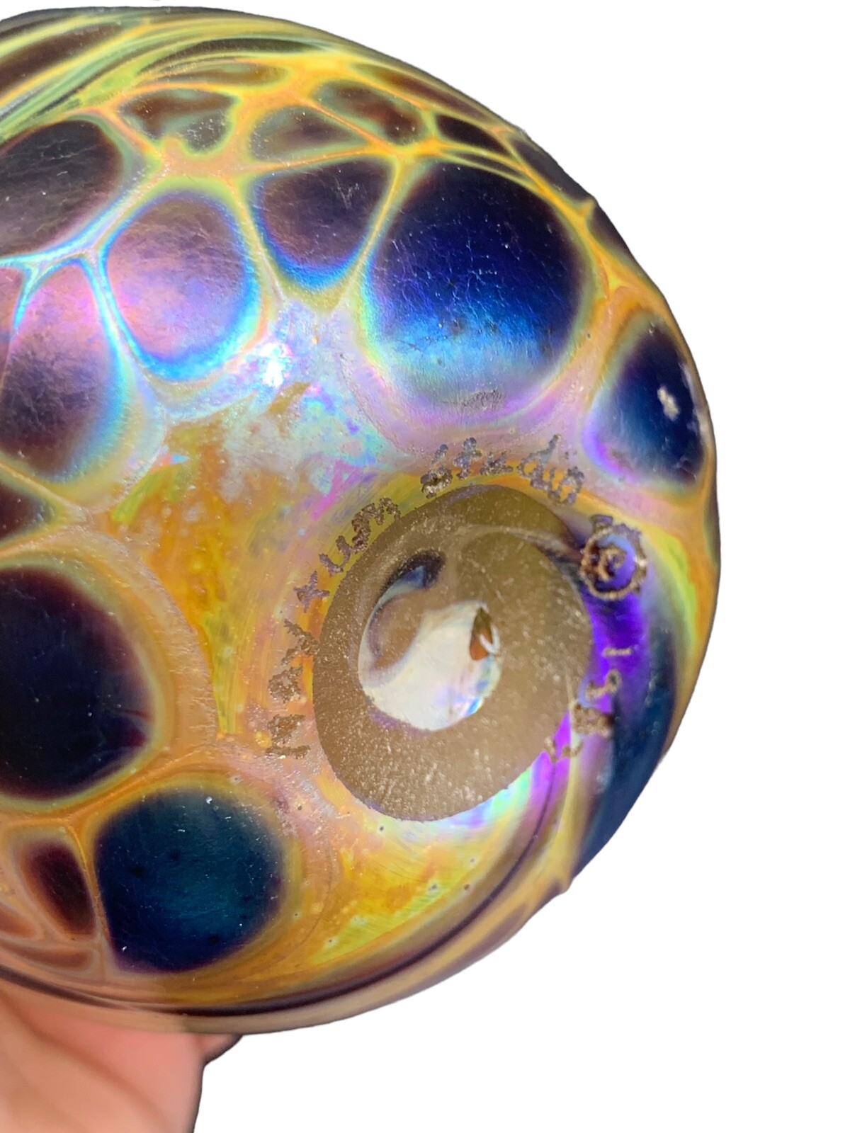 Brian Maytum Studio Art Glass Iridescent Oil Lamp/Bud Vase Spotted Abstract