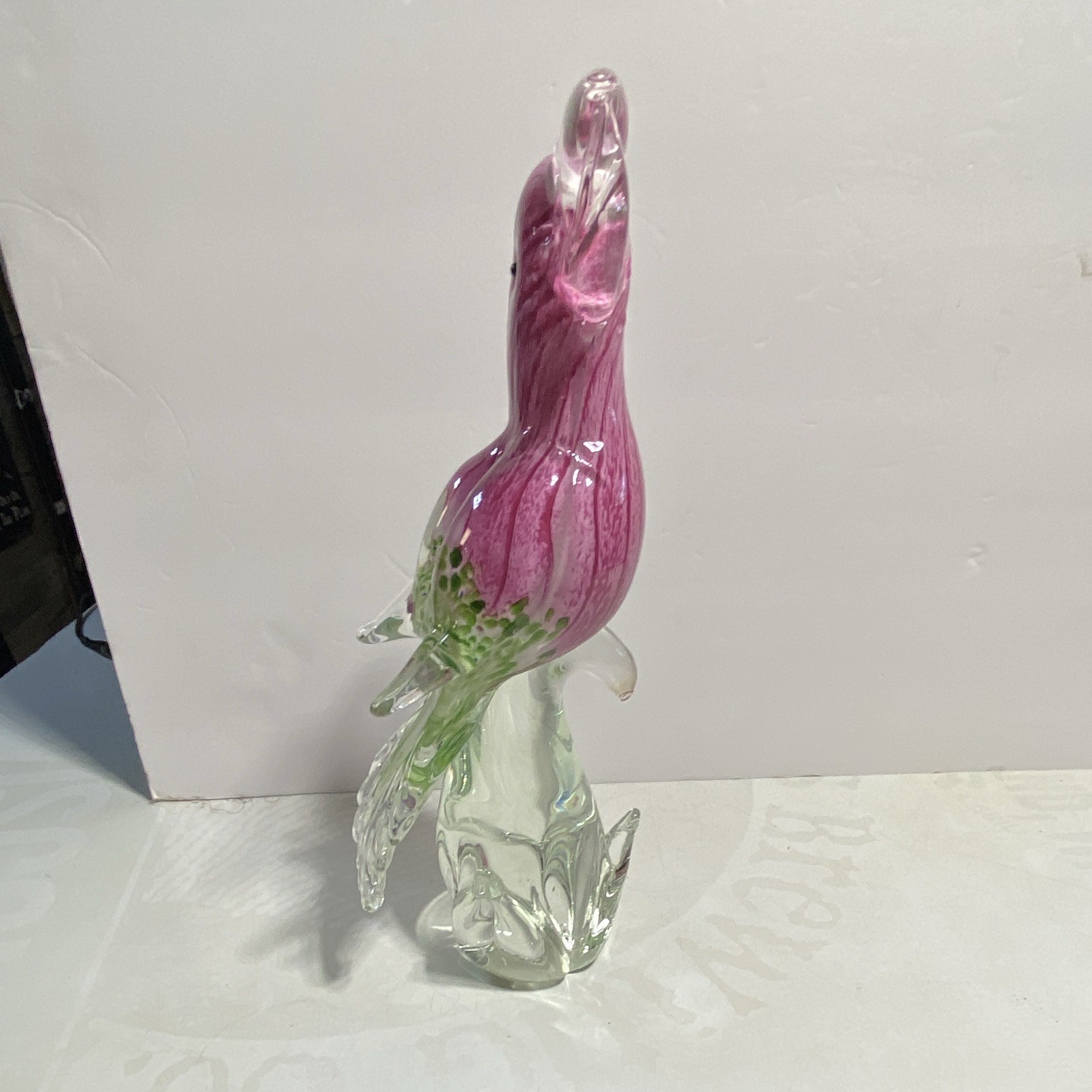 Art Glass Bird Figurine Pink White Green Clear Glossy Decorative