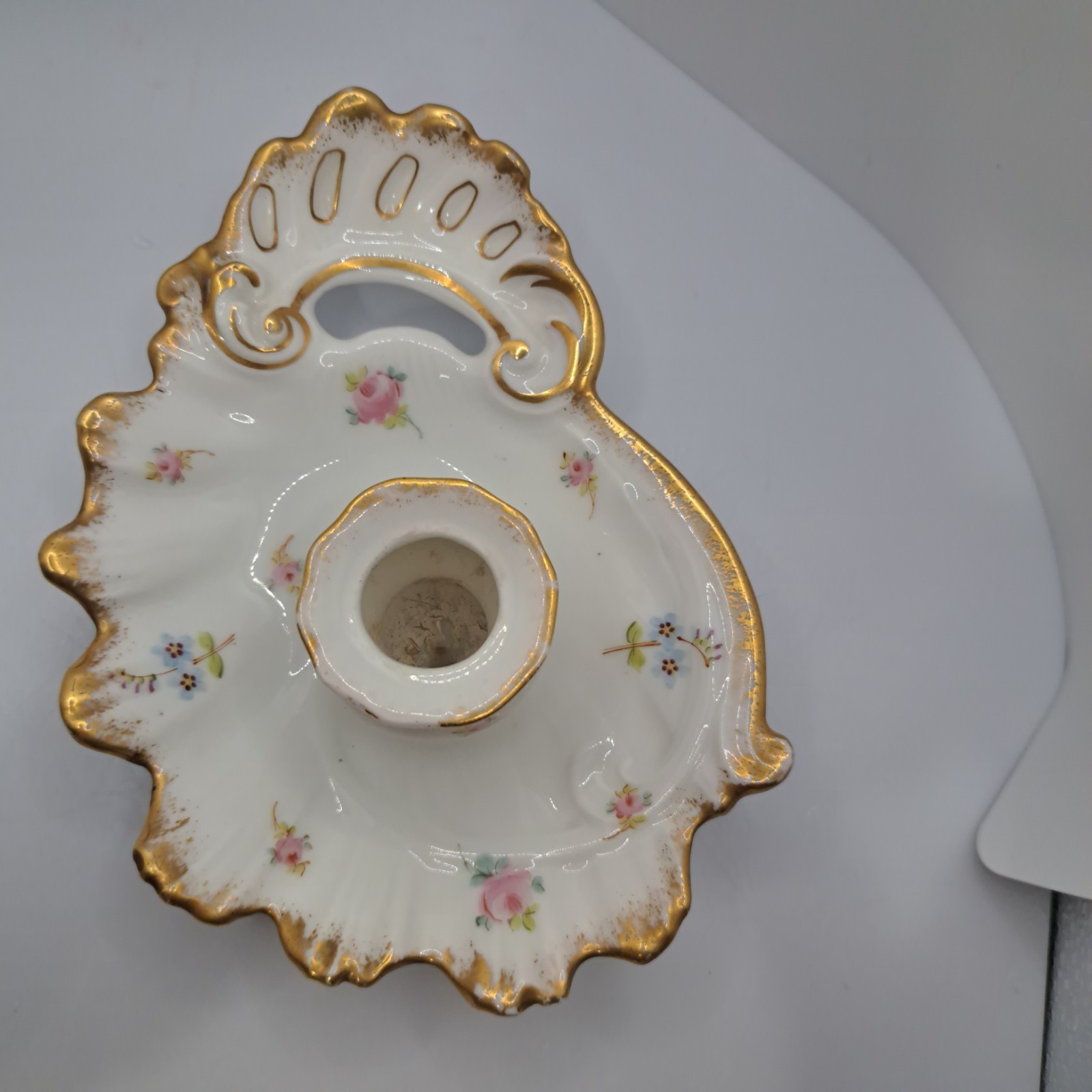 Antique ELITE LIMOGES France Hand Painted Gold Pink blue floral Candl Holder SEE