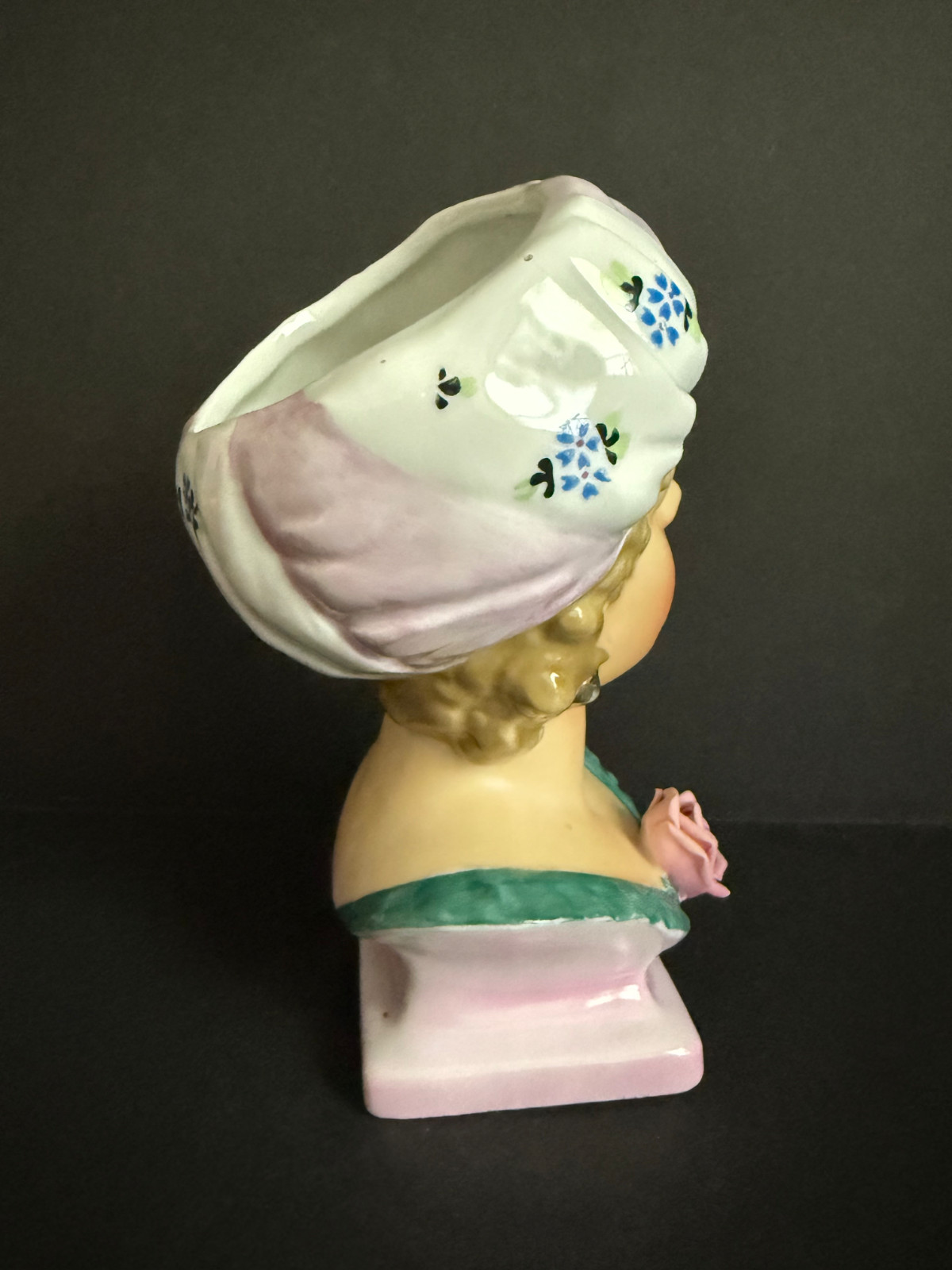 VINTAGE LADY HEAD VASE UCAGCO WITH TURBAN ON PEDESTAL 6.5”