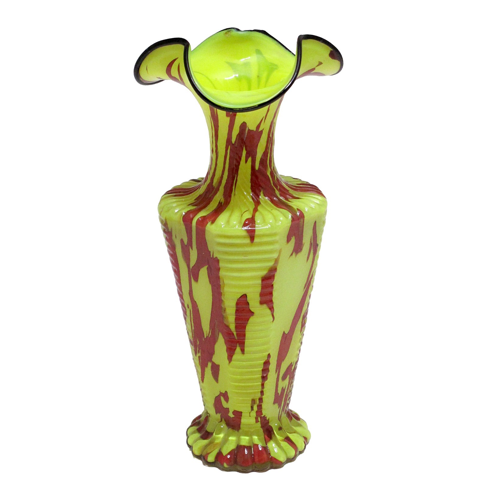 Antique Franz Welz Bohemian Czech Art Glass Ruffle Splatter Vase Cadmium UV Glow
