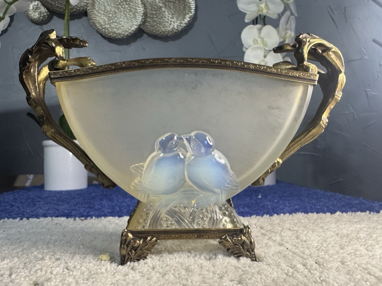 1930’s Verlys Frosted Crystal Footed Vase with Lovebirds France Signed